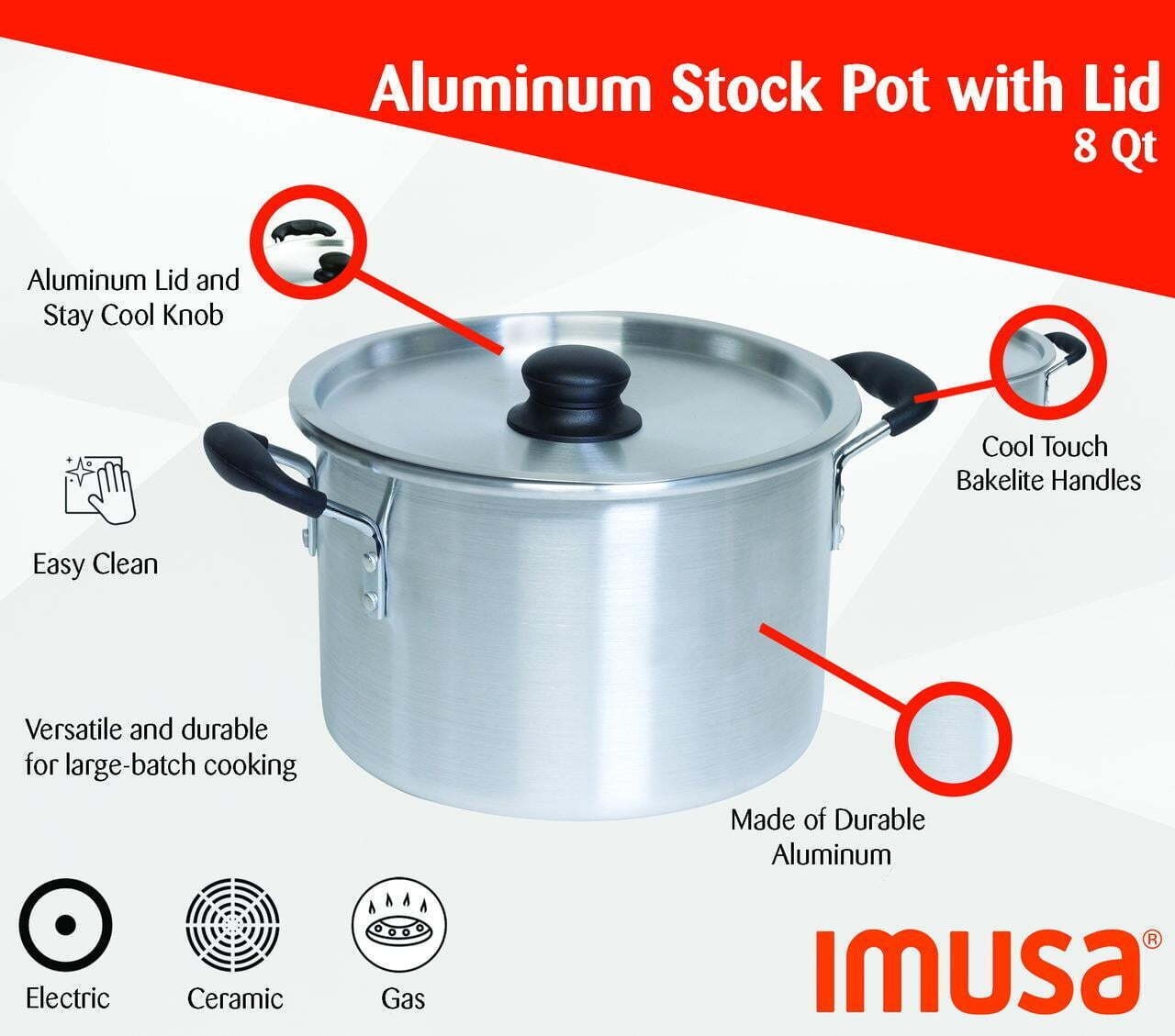 8Qt Aluminum Stock Pot with Lid Double Sided Stay-Cool Handles Lightweight New