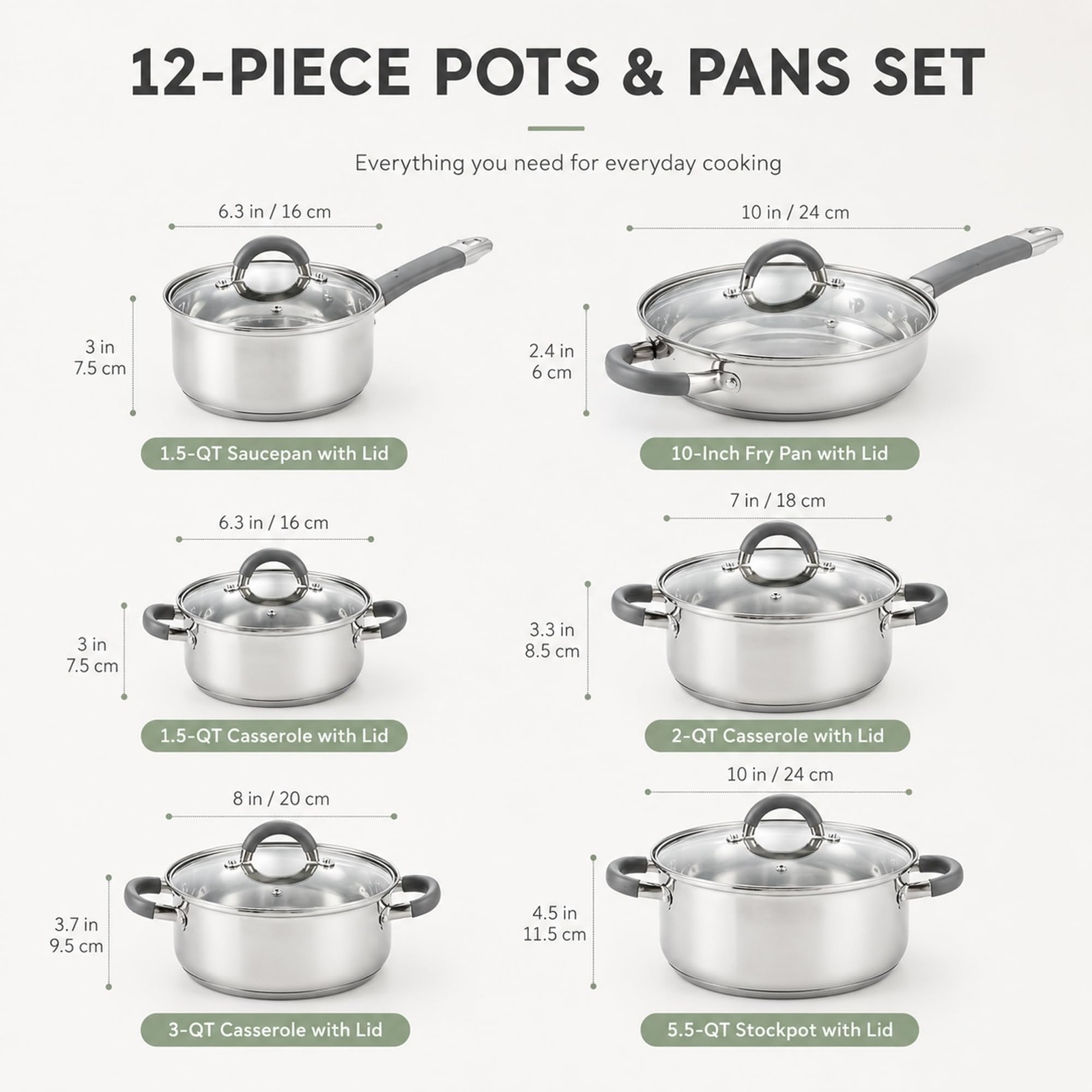 Cook N Home Basics Stainless Steel Cookware 12 Pieces, Gray Silicone Handle