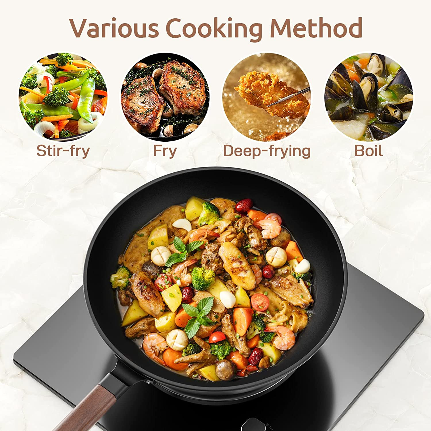 Carbon Steel Wok 13-In Pre-Seasoned Non-Stick Lid Spatula Flat Bottom Ideal
