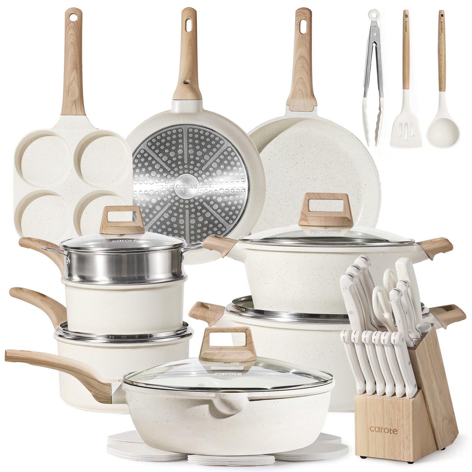 CAROTE ICE 35pcs Pots and Pans Set Nonstick Cookware Sets White Granite