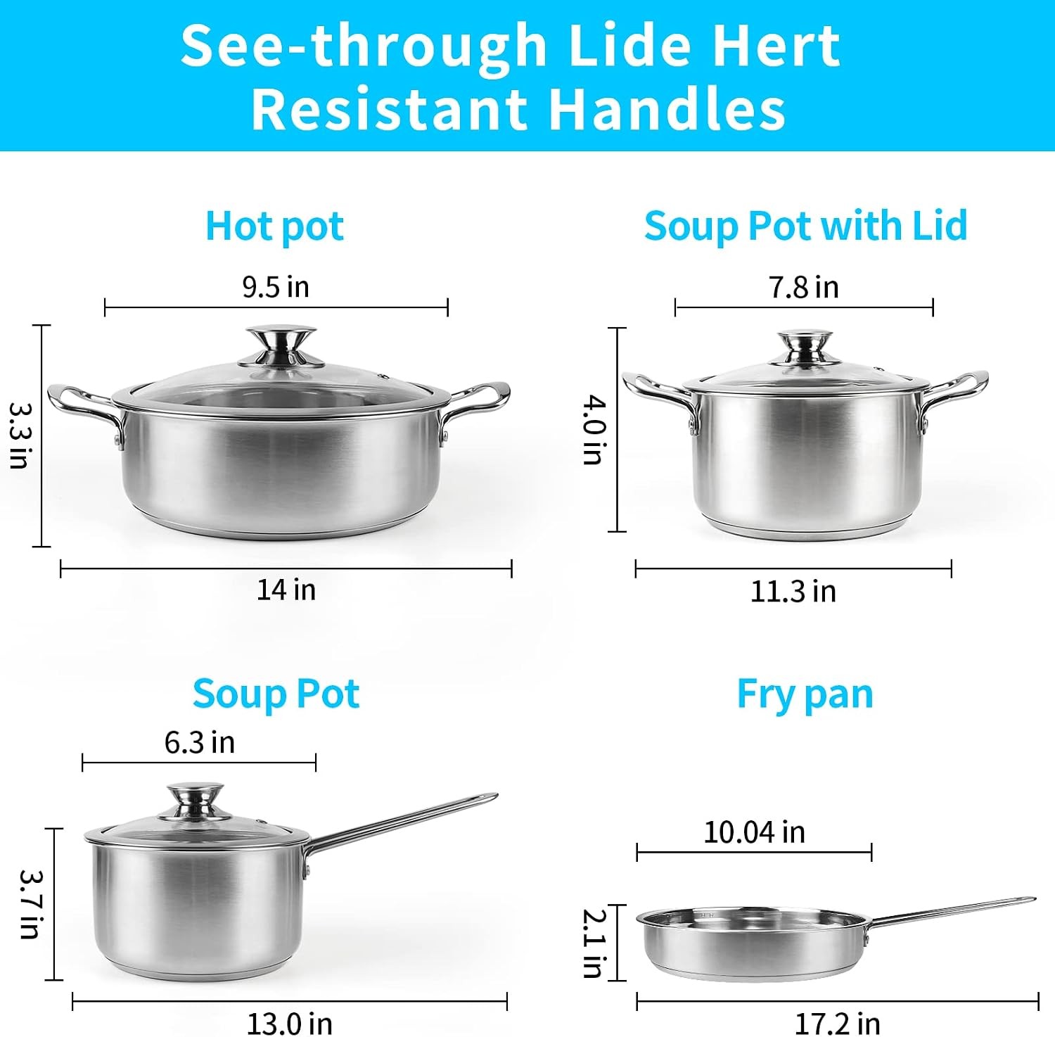 Stainless Steel Kitchen Pots Glass Lids Stay Cool Handles Induction Gas Cookware