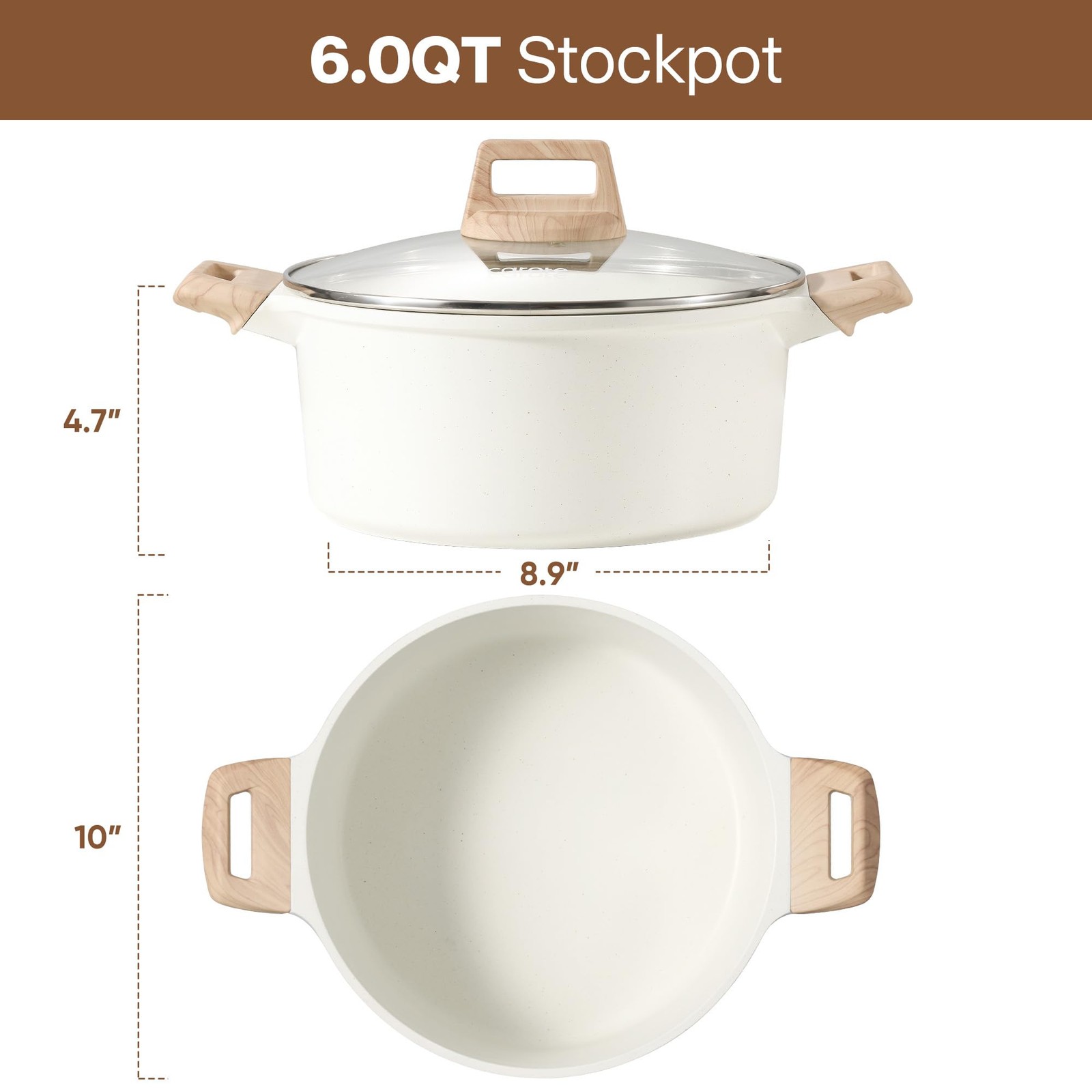 CAROTE Nonstick Stock Pot with Lid, 6 Quart White Granite