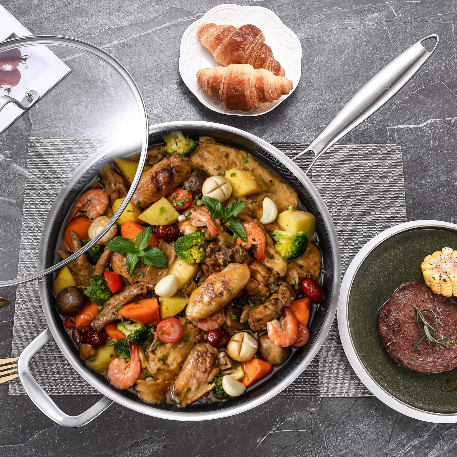 6 QT Large Skillet with Lid, 12 Inch Nonstick Deep Frying Pan, Tri-Ply Stainl…