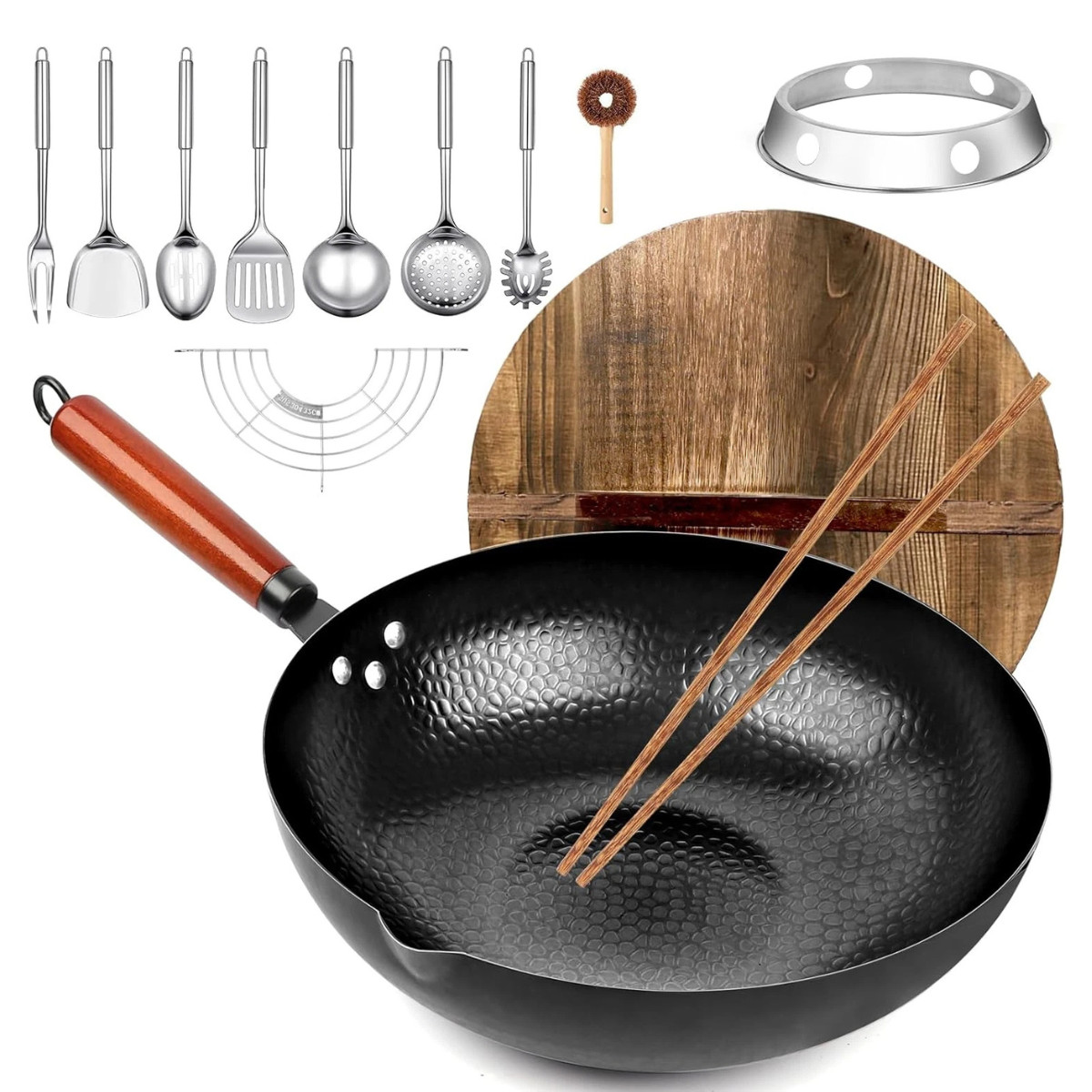 13 Piece Carbon Steel Wok Pan, Woks & Stir-Fry Pans Set with Wooden Lid Cookware