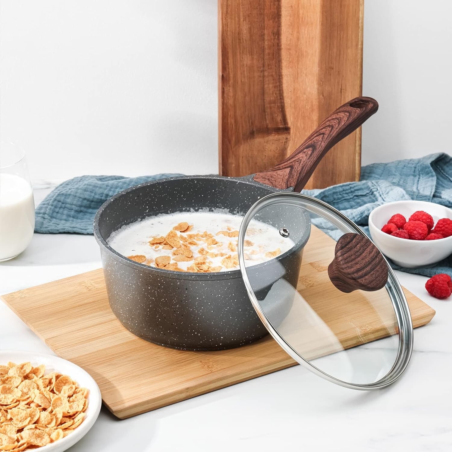 Swiss Nonstick Granite Coated Saucepan – 2.5 Quart Medium Pot with Glass Lid