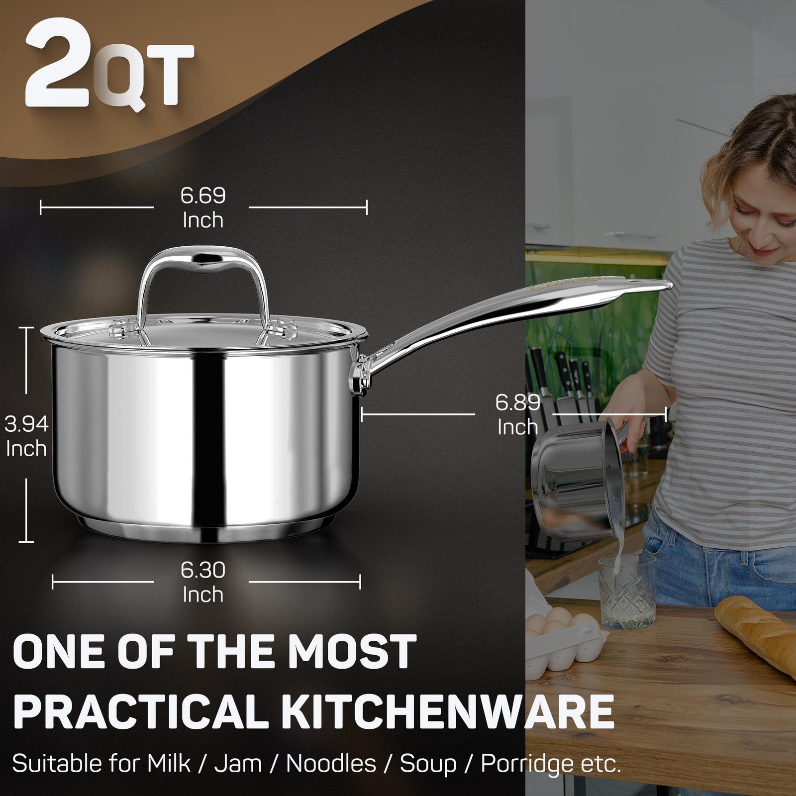2 Quart Sauce Pan with Lid, Tri Ply Stainless Steel Saucepan 2 Qt with Stainl…