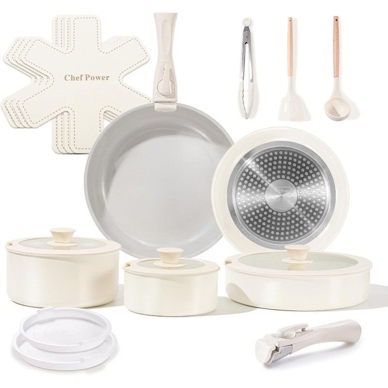 Ceramic Nonstick Pots and Pans Set 19 Piece with Detachable Handle