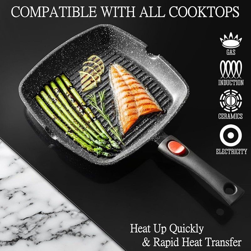 Nonstick Grill Pan W/ Detachable Handle Indoor BBQ Cooking on All Stovetops New