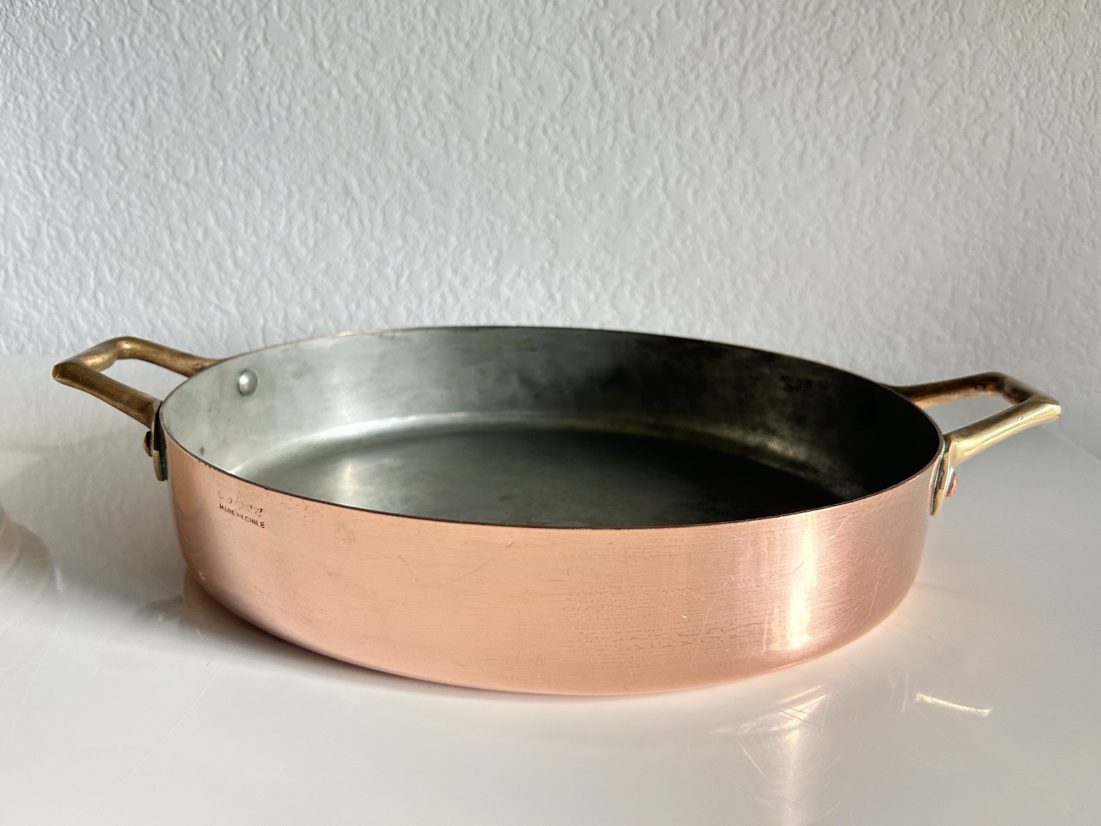 Vintage Copper Tin Lined Brass Handle Gratin Pan Set 2 Cobre Made in Chile