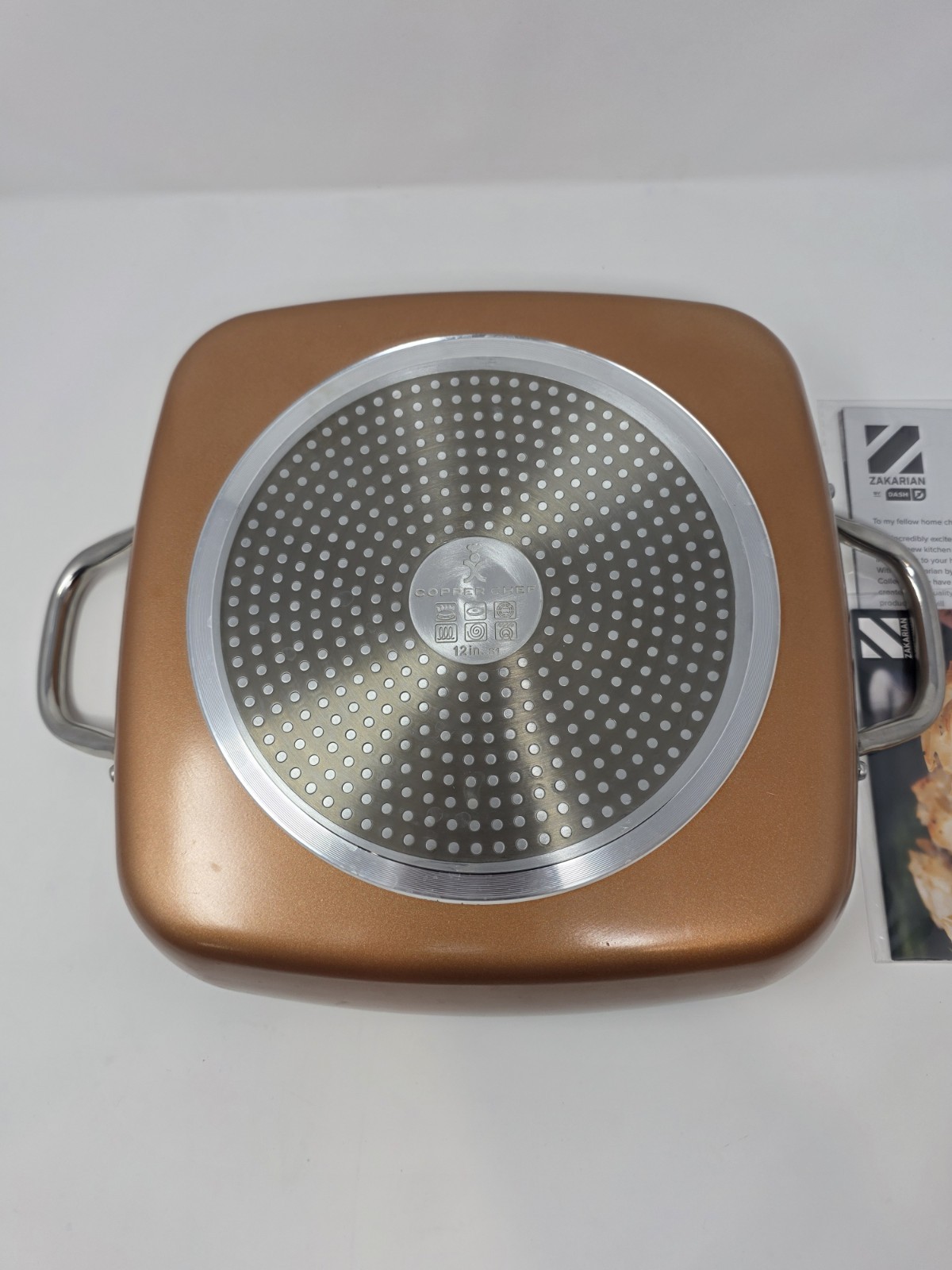 New Copper Chef 12″ Square Deep Fry Pan Skillet w/ Glass Lid Rack Recipe Book