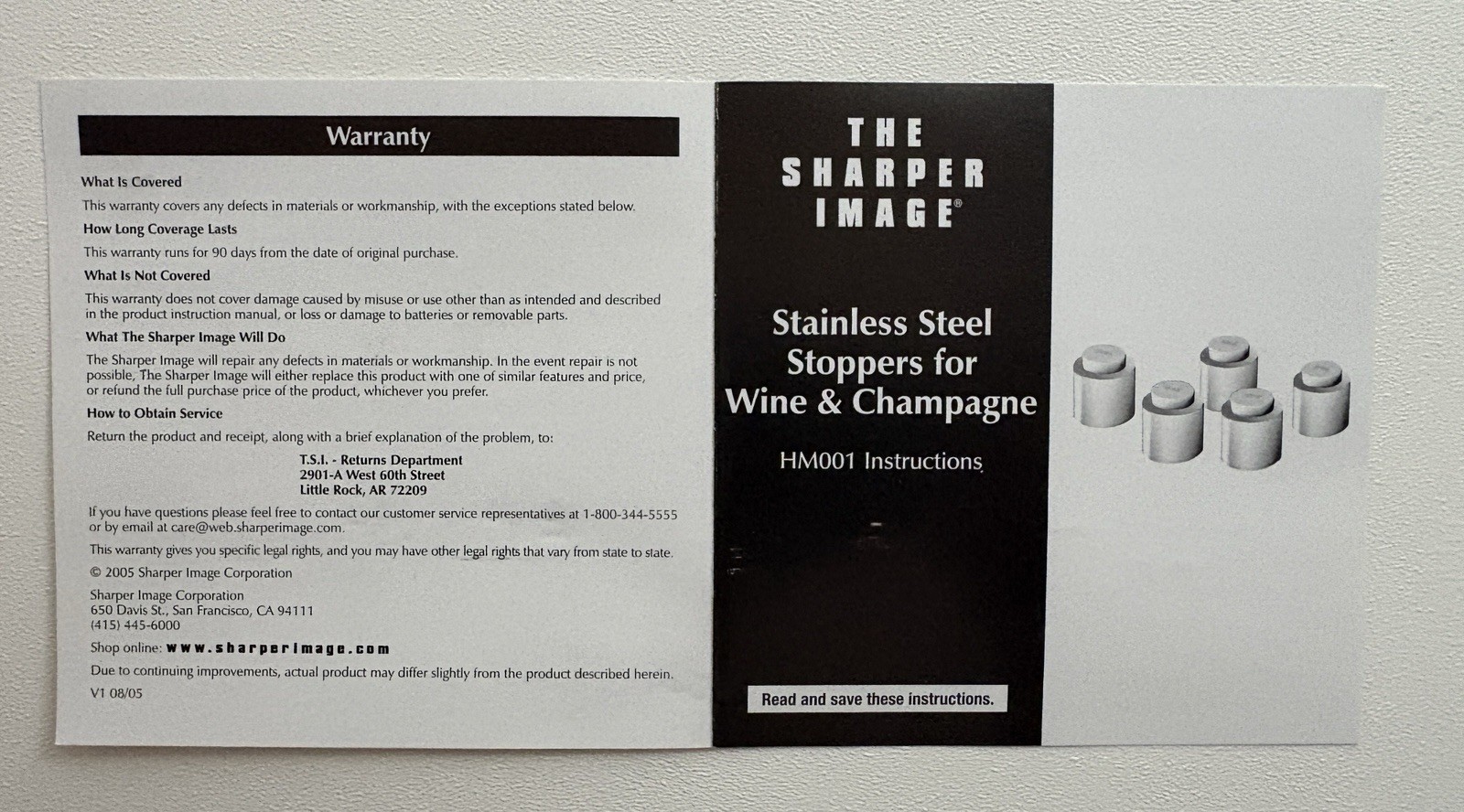 Sharper Image HM001 Vacuum Wine & Champagne Stopper Set 5pc Open Box