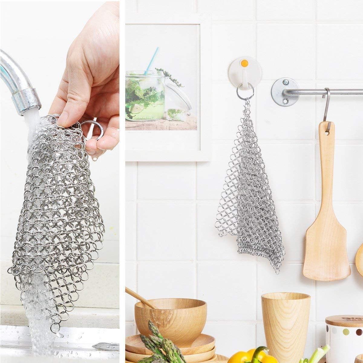 8″x6″ Cast Iron Scrubber Stainless Steel Chainmail Cleaner for Pre-Seasoned Pans