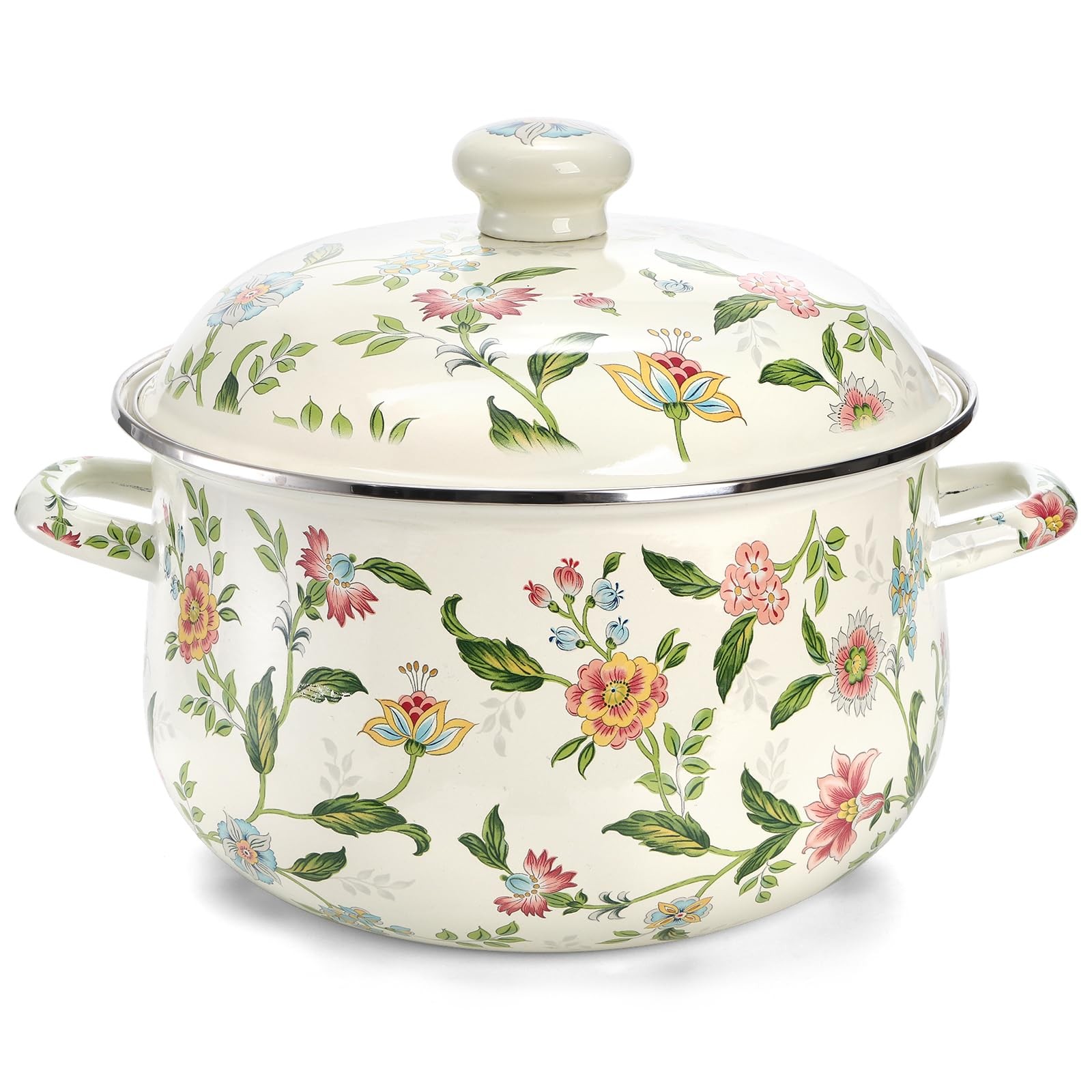 5 Quart Enamel Stockpot with Lid, Green Floral Enamelware Cooking Pot with Du…
