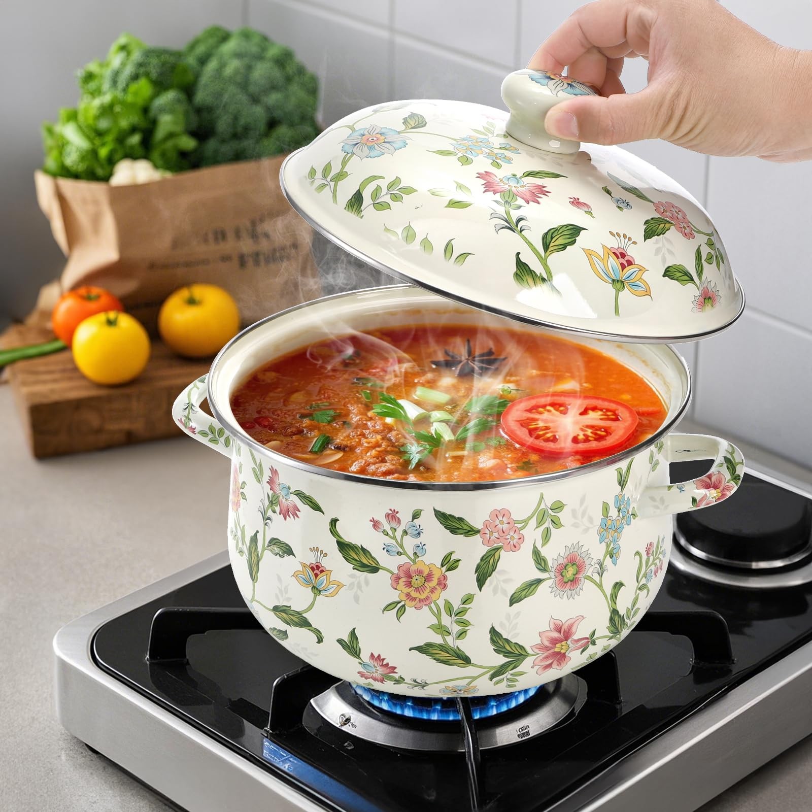 5 Quart Enamel Stockpot with Lid, Green Floral Enamelware Cooking Pot with Du…