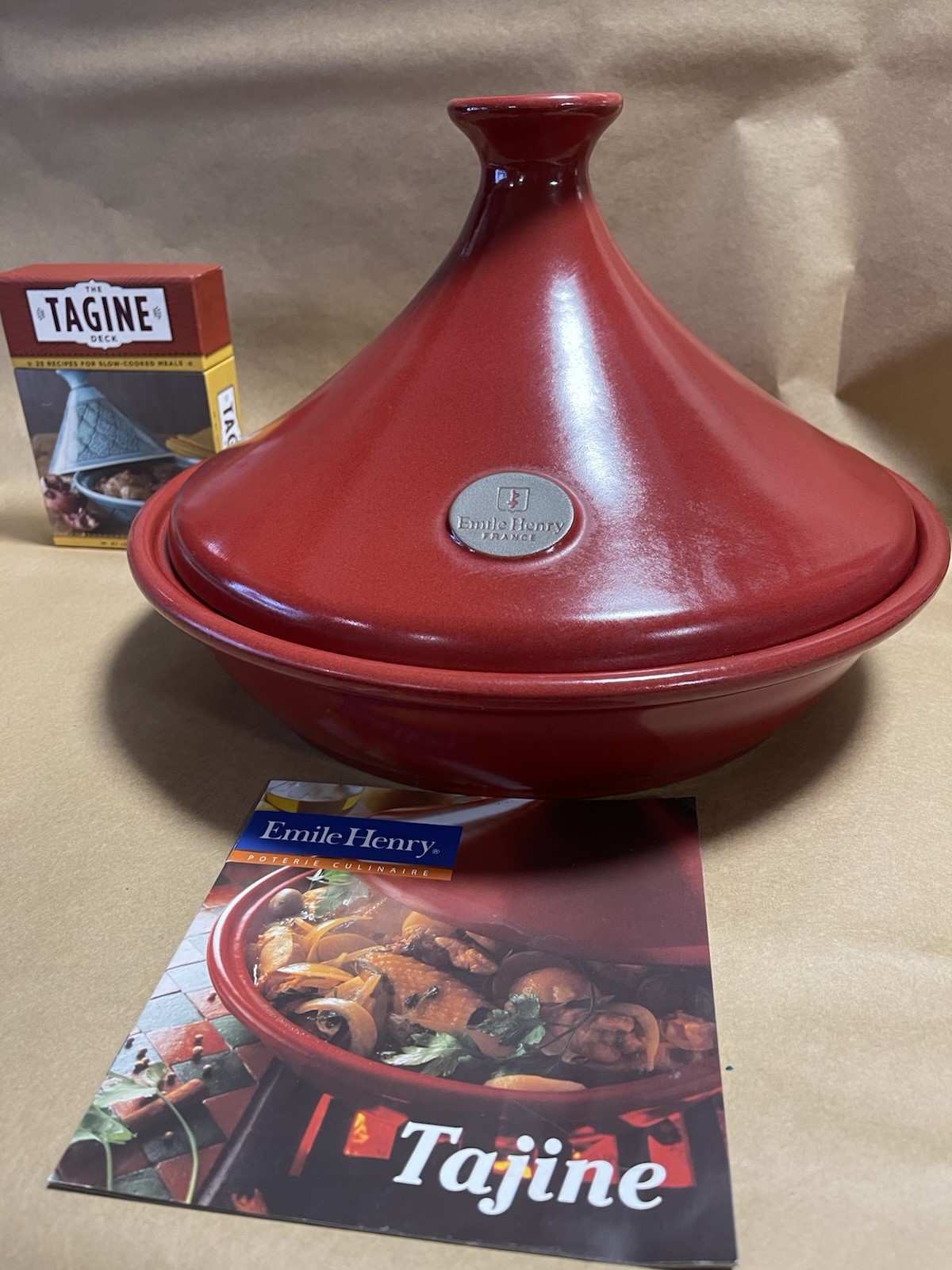 Emile Henry Large Tagine w/ Recipe Deck – 12.5″ Wide – France Moroccan Red EUC