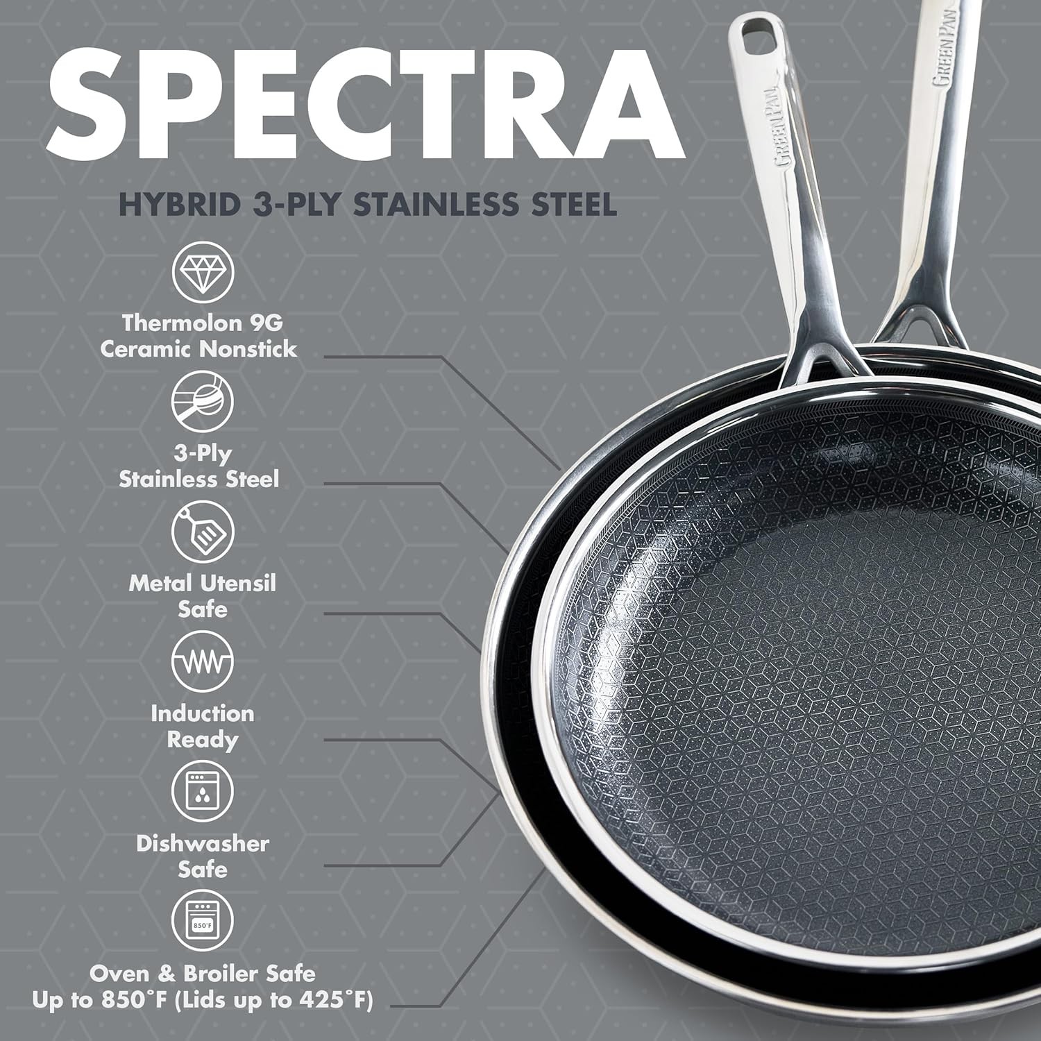 GreenPan Spectra 10 Piece Cookware Set,Hybrid Tri-Ply Stainless Steel, PFAS-Free
