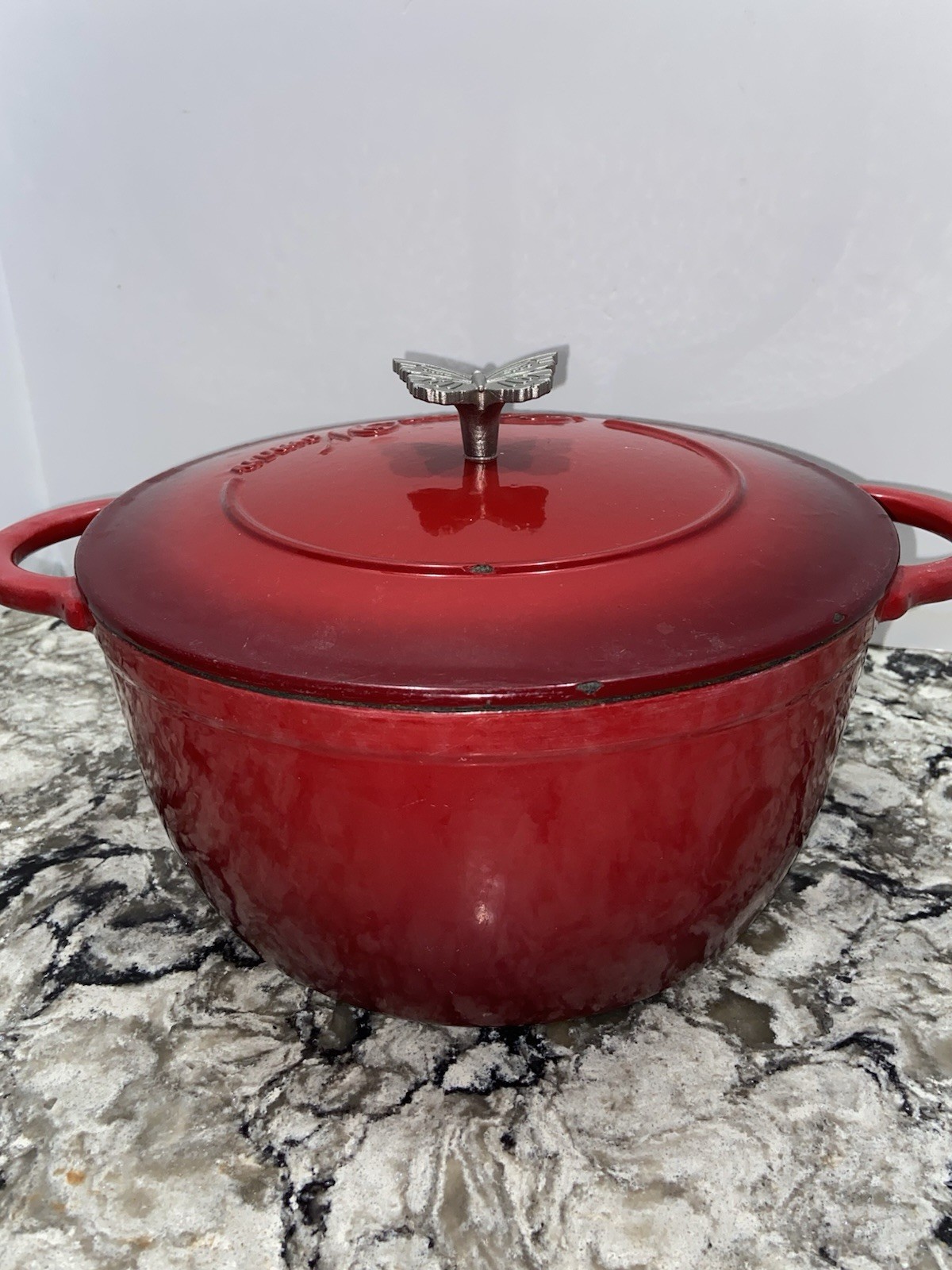 Vintage Pioneer Woman Butterfly Knob Cast Iron Enamel Dutch Oven Pot Cookware
