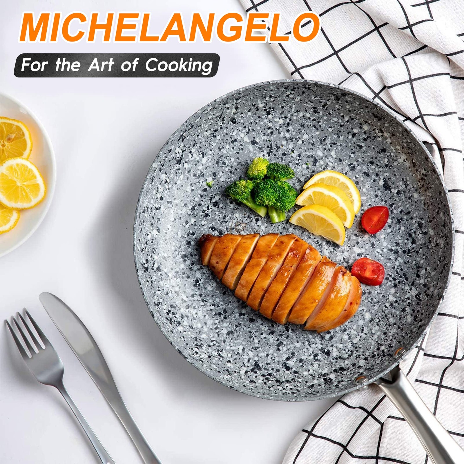 MICHELANGELO 10 Inch Frying Pan with Lid, Nonstick Stone Frying Pan with Non tox