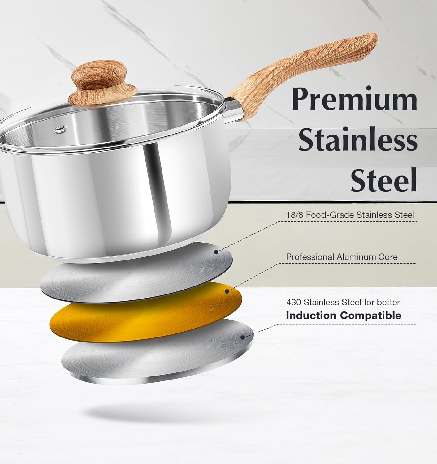 Stainless Steel Saucepan Set, 6 Piece Stainless Steel Pot 1QT & 2QT & 3QT with H