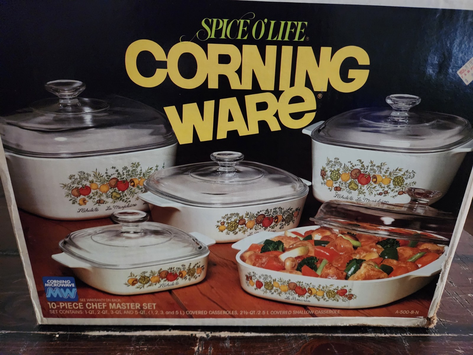 1970s L’Echalote La Marjolaine Corning Ware Spice of Life 10pc Chef Set. NOS