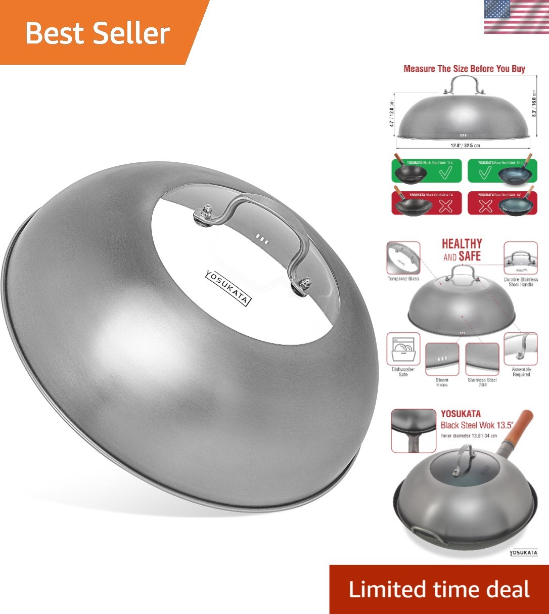 Wok Lid 12.8 In for 13.5-In Wok – Stainless Steel Cover with Tempered Glass …