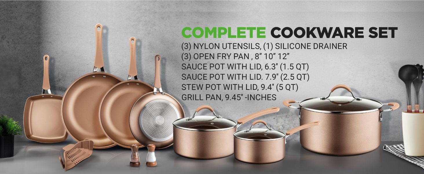 Nutrichef 20 Piece Professional Home Kitchen Cookware and Bakeware, Pots and