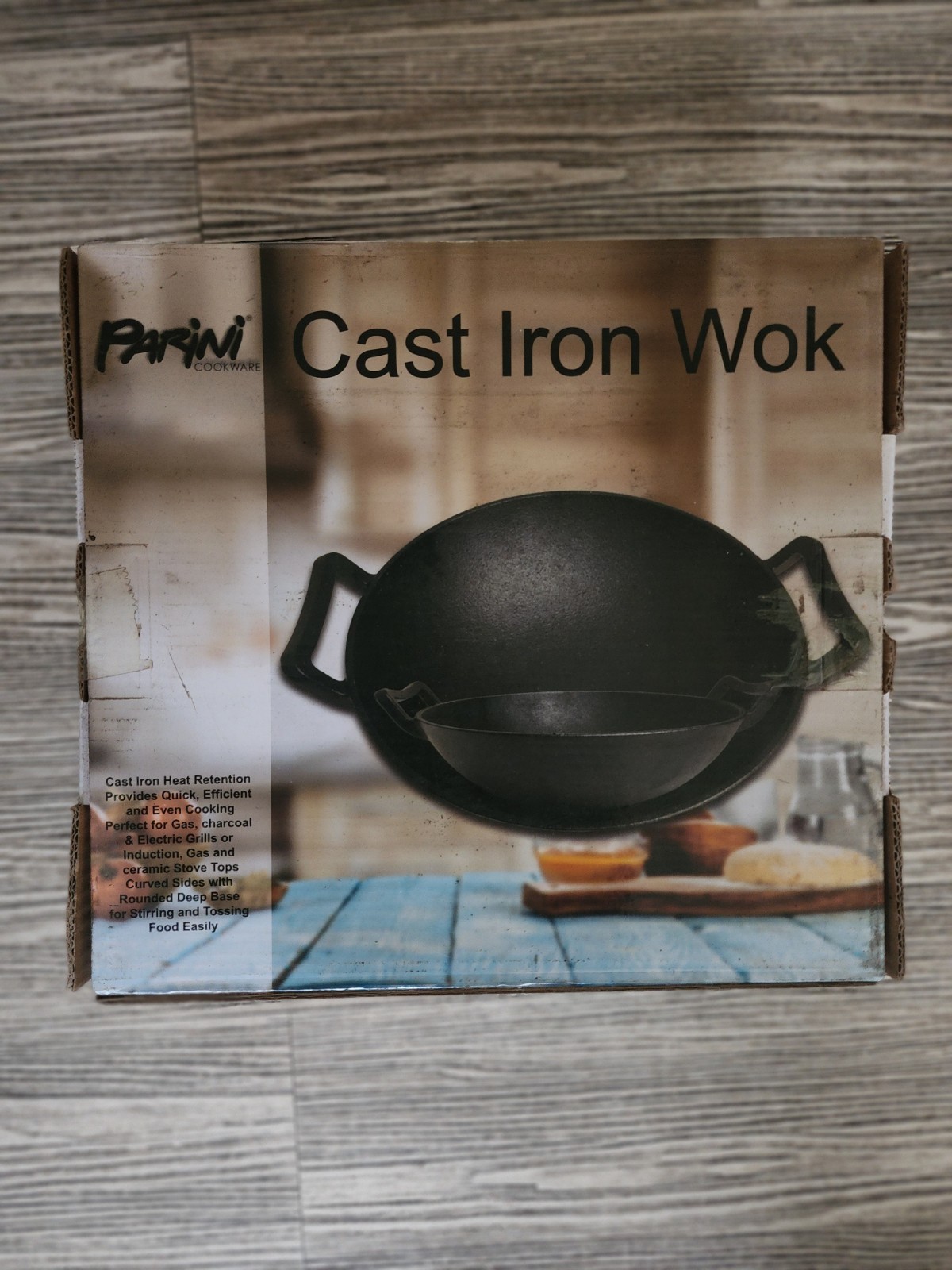 Parini Cast Iron Wok Pre-Seasoned 11.5 in Black Double Handle Curved Sides