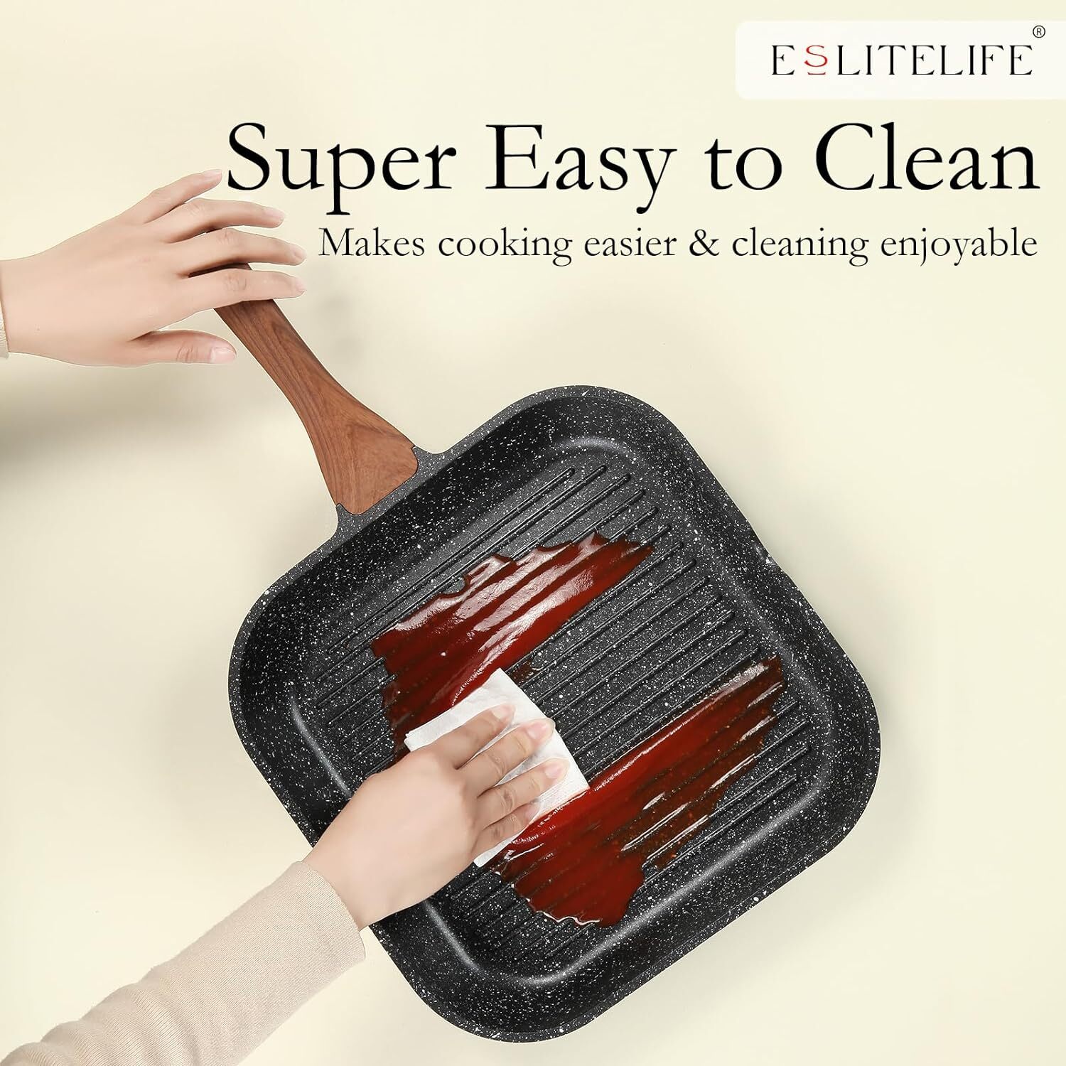 ESLITE LIFE 11 Inch Nonstick Grill Pan with Lid for 11″ w/Lid & Tongs, Black