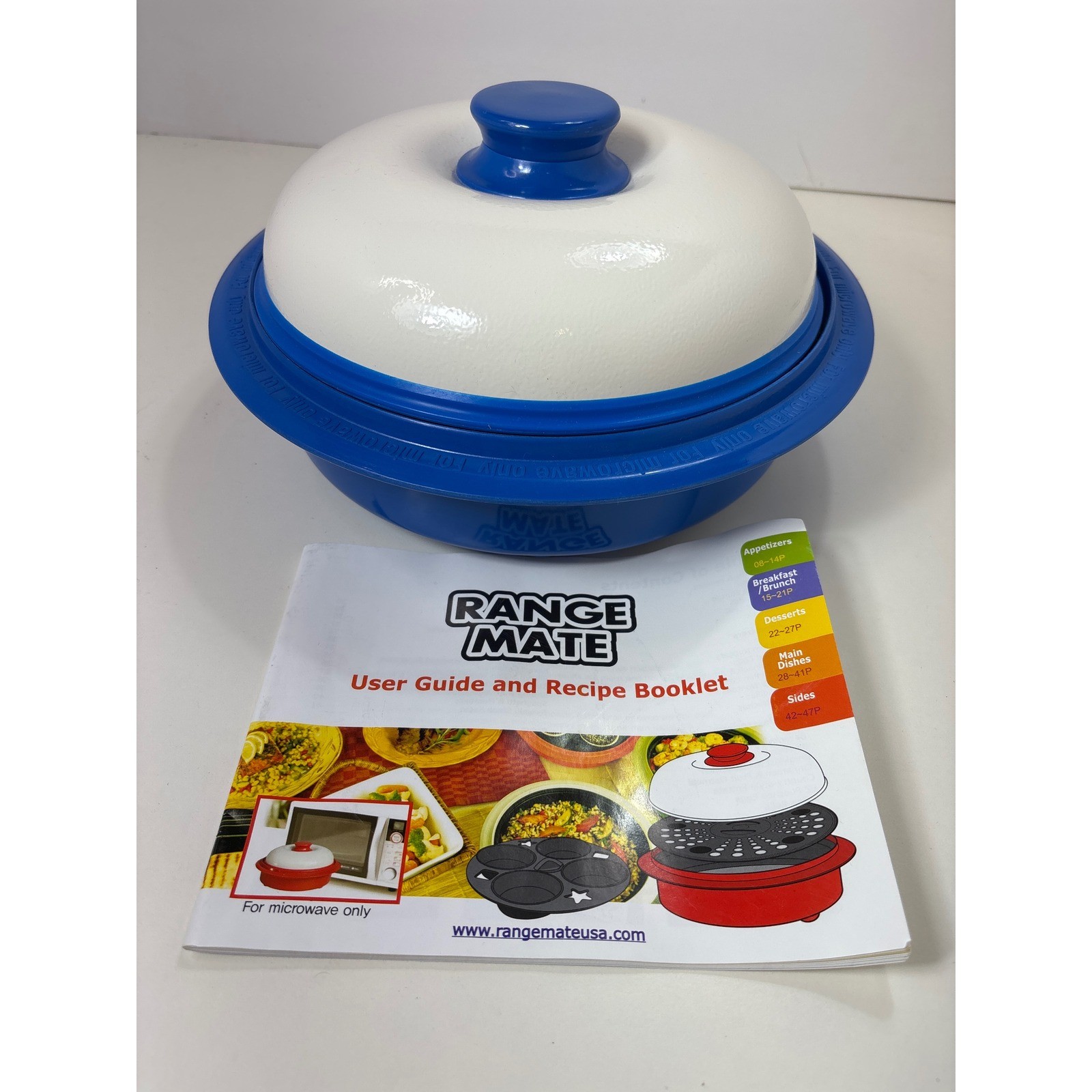 Range Mate Microwave Grill Multi Cooker Steamer Muffin Pan Blue White w/ Manual