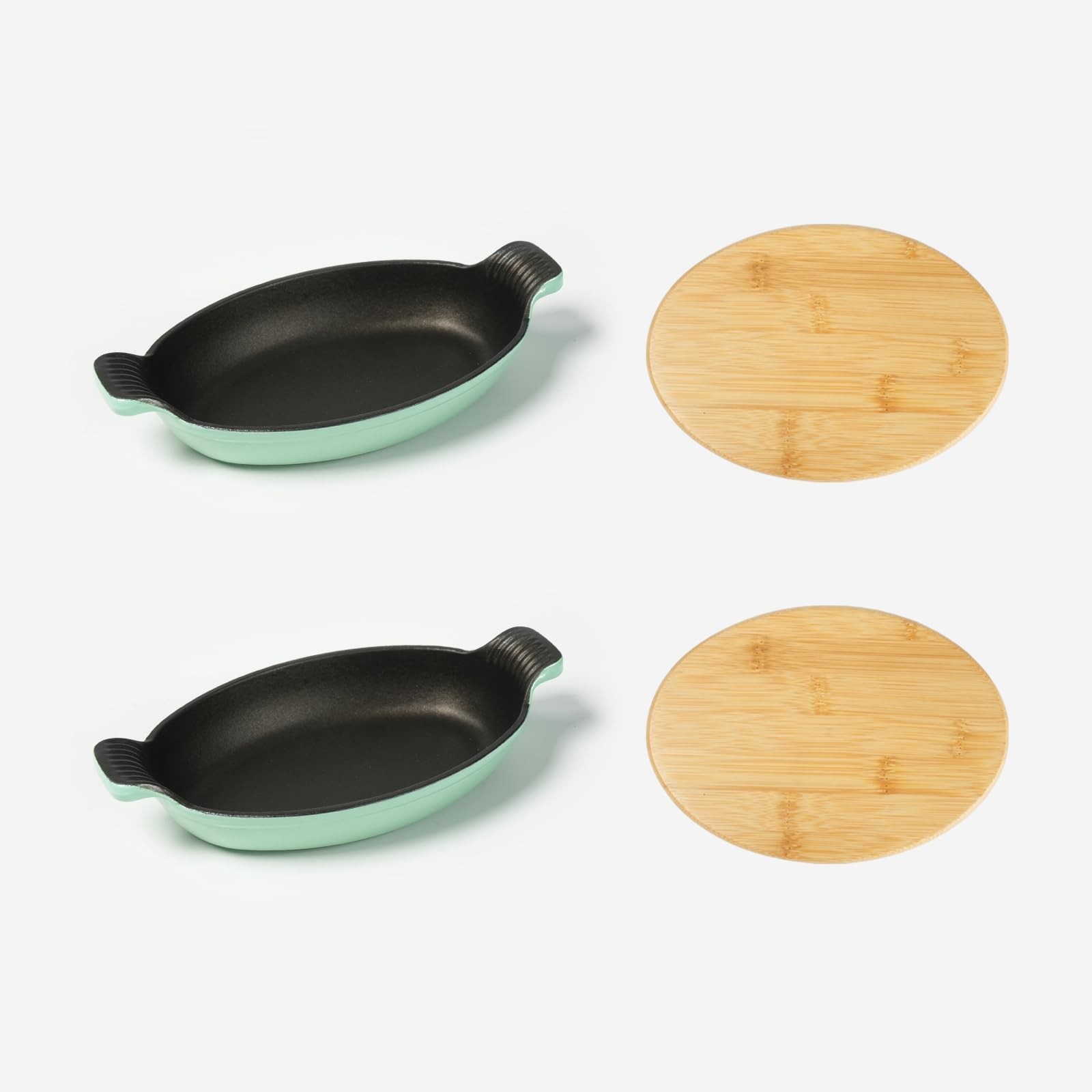 Hawok Enameled Cast Iron Serving Dish Magnetic Bamboo Trivet Oval Server