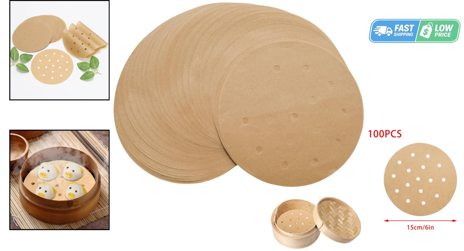 100 Count 6 Inch Eco-Conscious Bamboo Steamer Liners with Porous Design