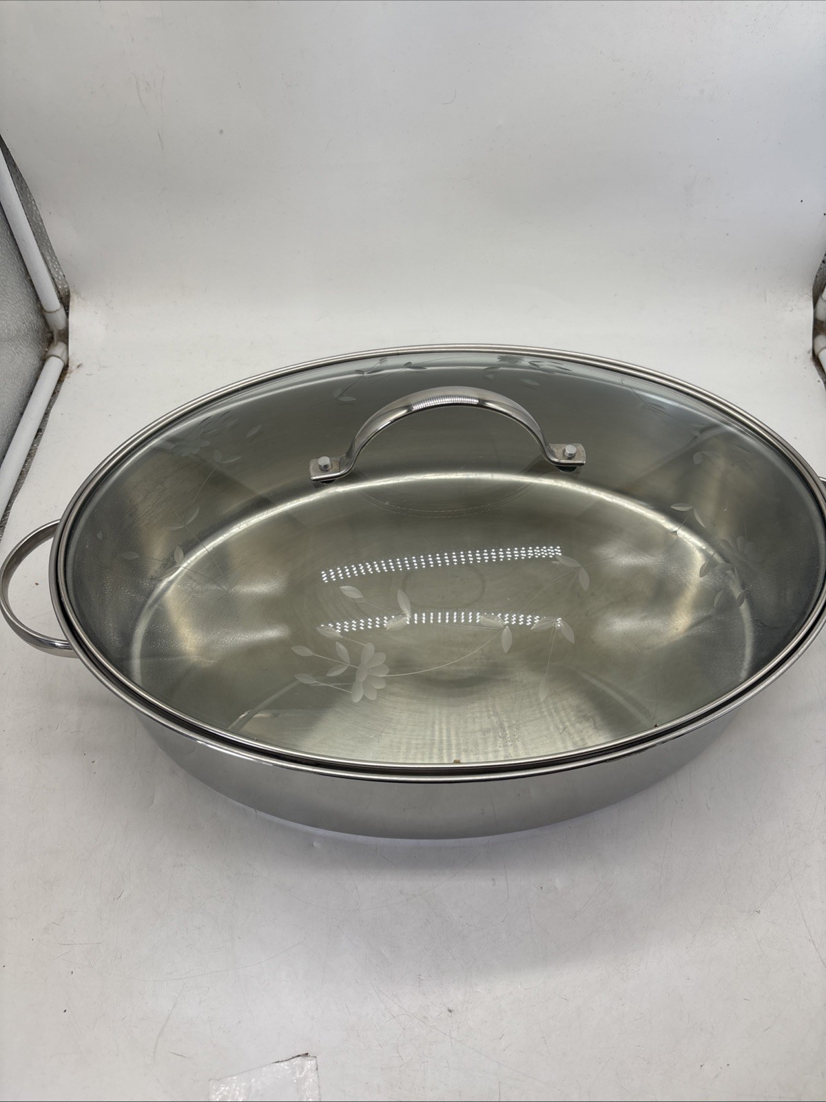 Princess House 18/10 Stainless Steel 7Qt Large Oval Roaster Pot Etched Glass Lid