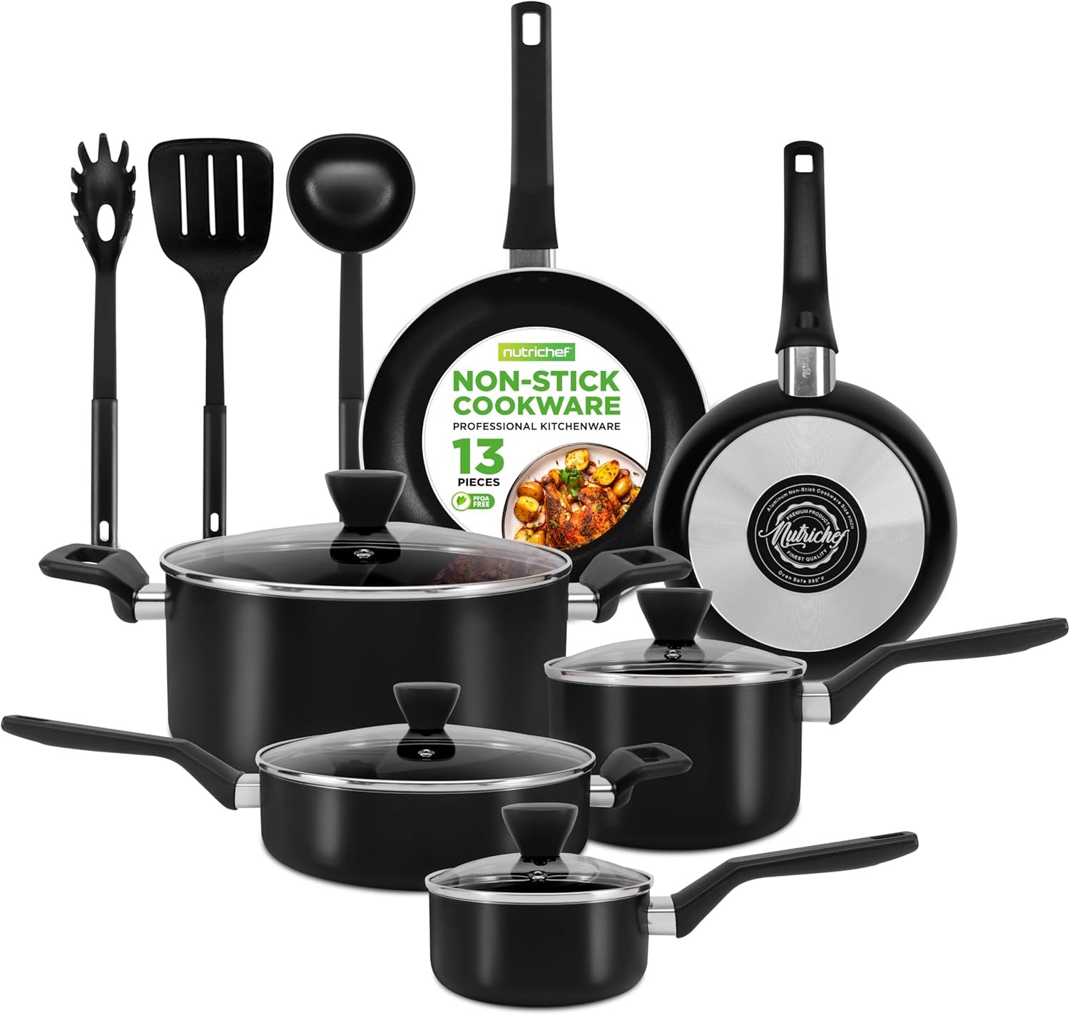 NutriChef 13-Pc Nonstick Cookware Set – Oven Safe, Black