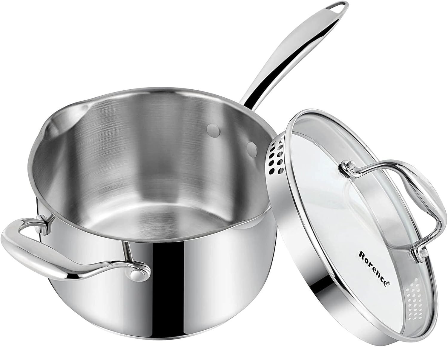 Stainless Steel Saucepan 3.7QT Pour Spout Glass Strainer Lid Kitchen Pot