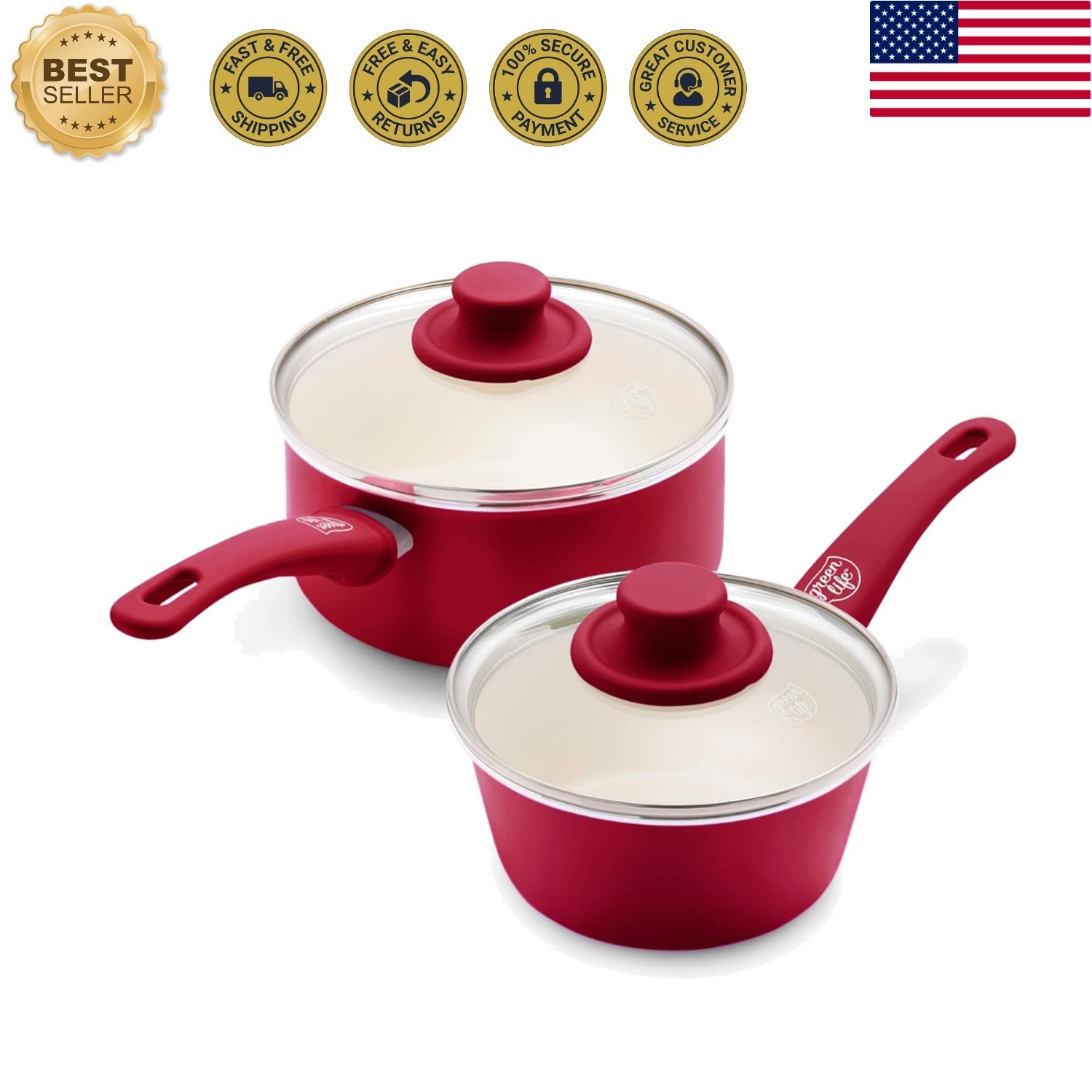 Soft Grip 1QT and 2QT Saucepan Set, Healthy Ceramic Nonstick, Non Toxic PFAS …