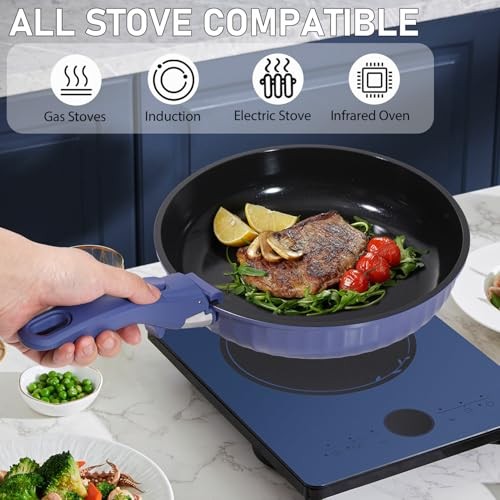11 Piece Pots and Pans Set Nonstick with Removable Handle, Induction Blue