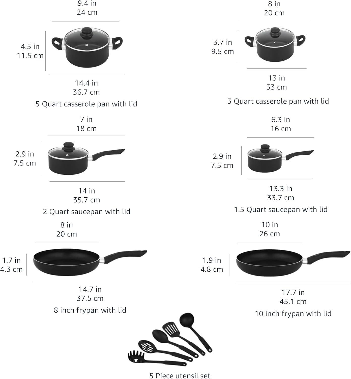 Non-Stick Cookware 15-Piece Set, Includes Pots, Pans and Cookware, Black