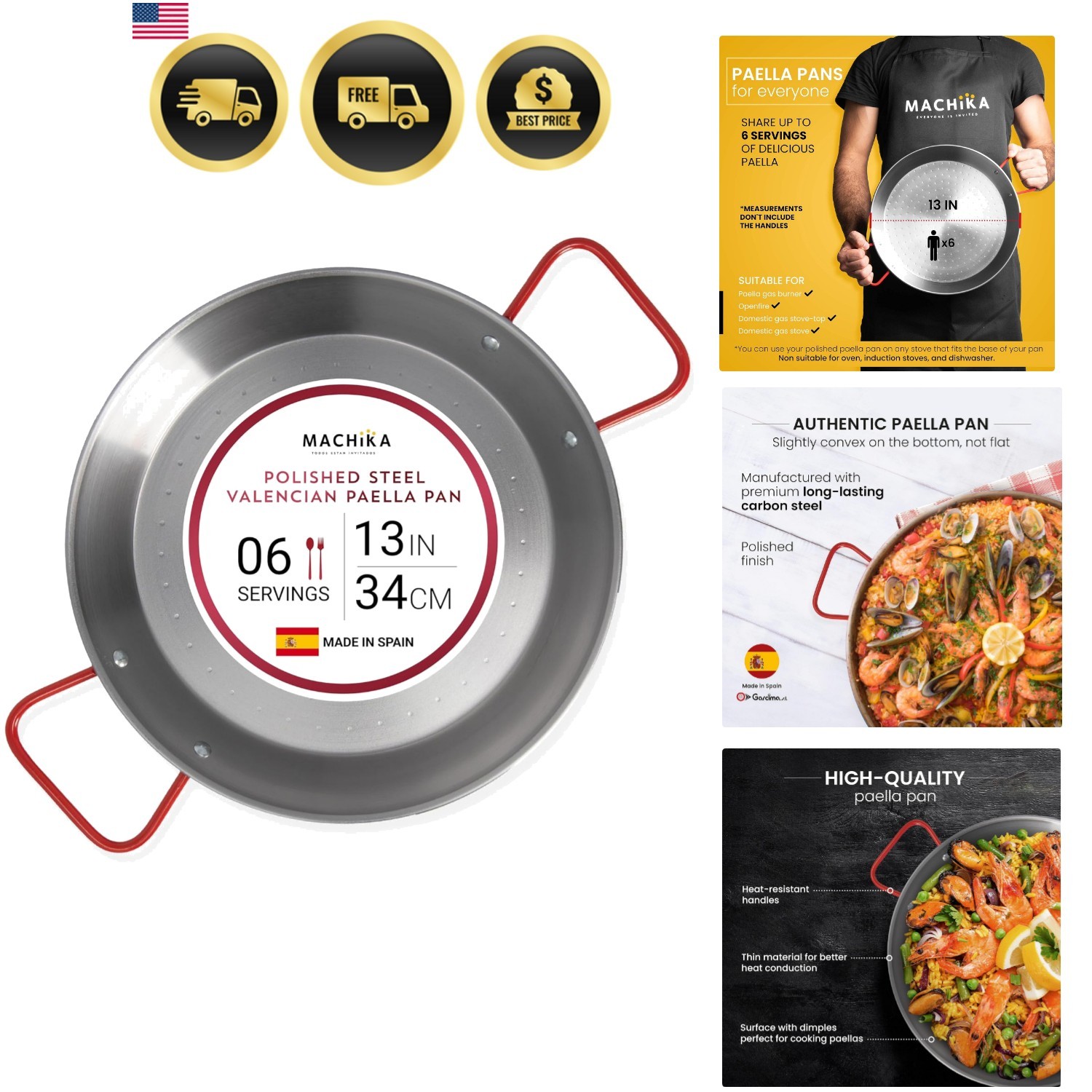 Carbon Steel Paella Pan 13 Inch Outdoor Indoor Camping Large Skillet