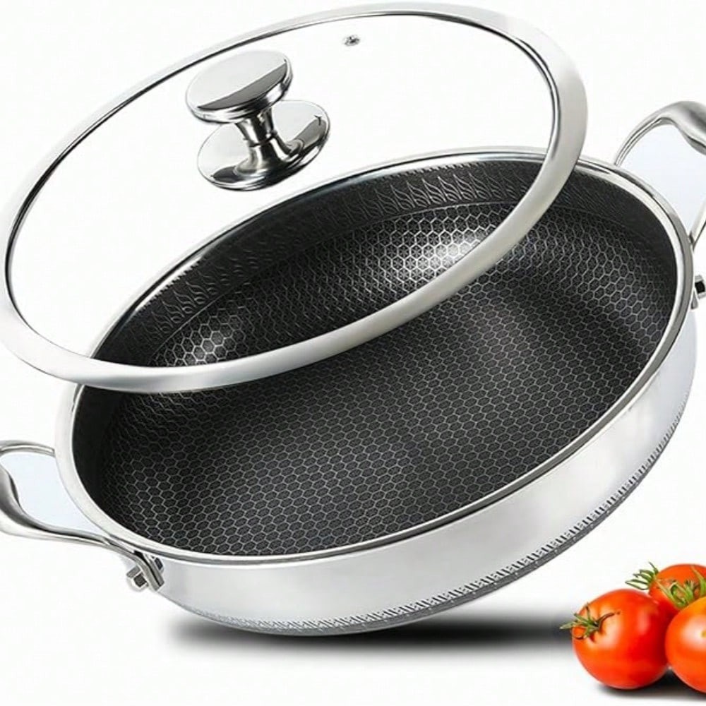316L Stainless Steel Wok Hex Nonstick Frying Pan with Lid Induction Oven Safe NE