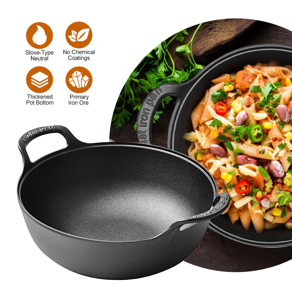 Cast Iron Wok with Handles Grilling Pan 20cm Non-stick Cooking Pot for Camping