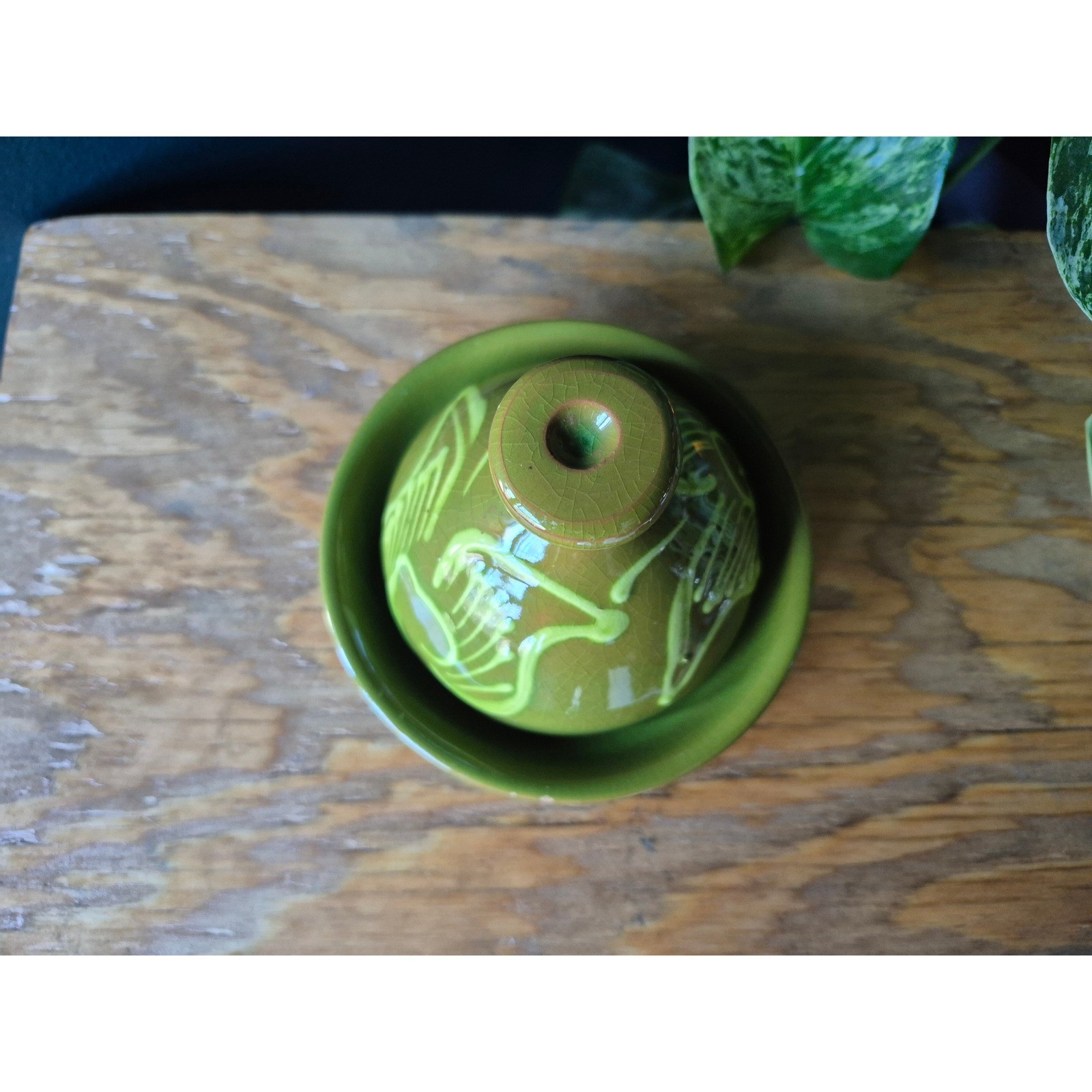 Vintage Studio Pottery Bird Butter Dish Avocado Green Crackle MCM Tagine