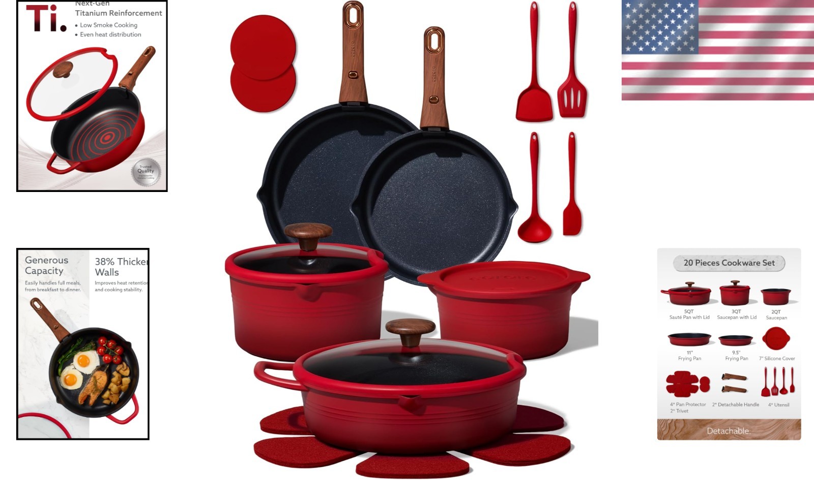 Versatile 20-Piece Non-Toxic Cookware with Detachable Handle for Easy Storage