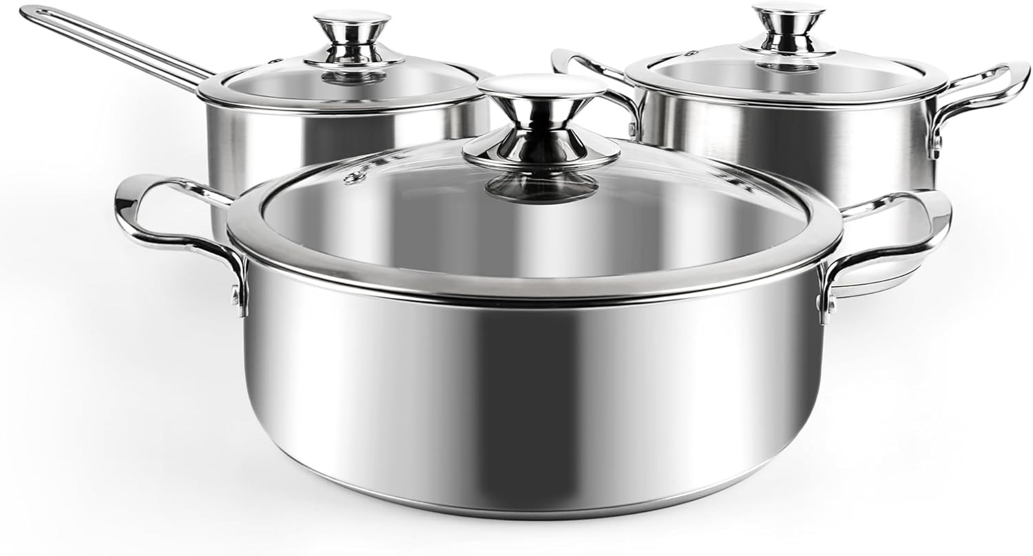 Stainless Steel Pots and Pans Set – 6Pcs Kitchen Induction Cookware Glass Lids