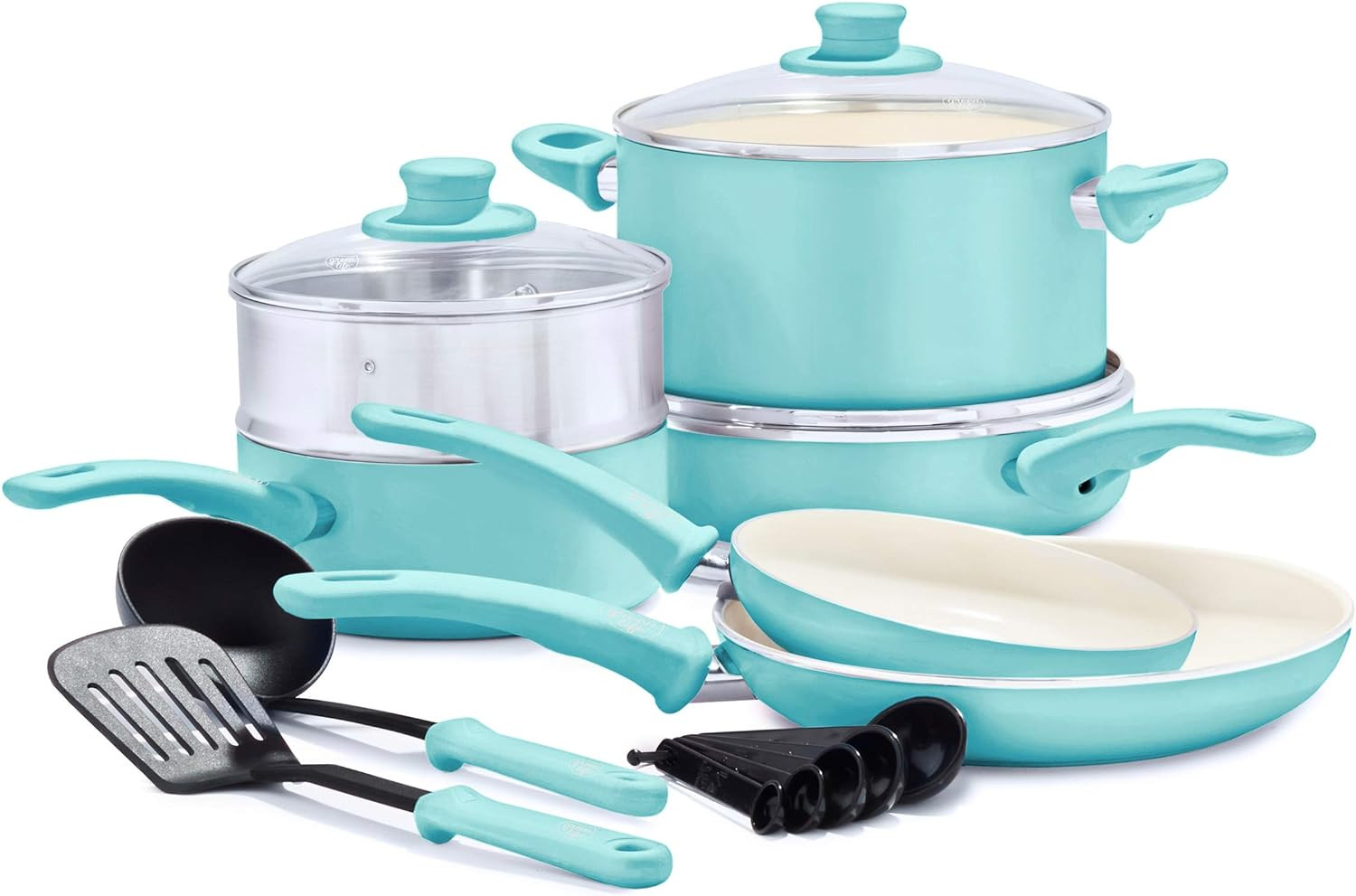 Turquoise Ceramic Nonstick 12-Piece Cookware Set, Soft Grip, Dishwasher Safe