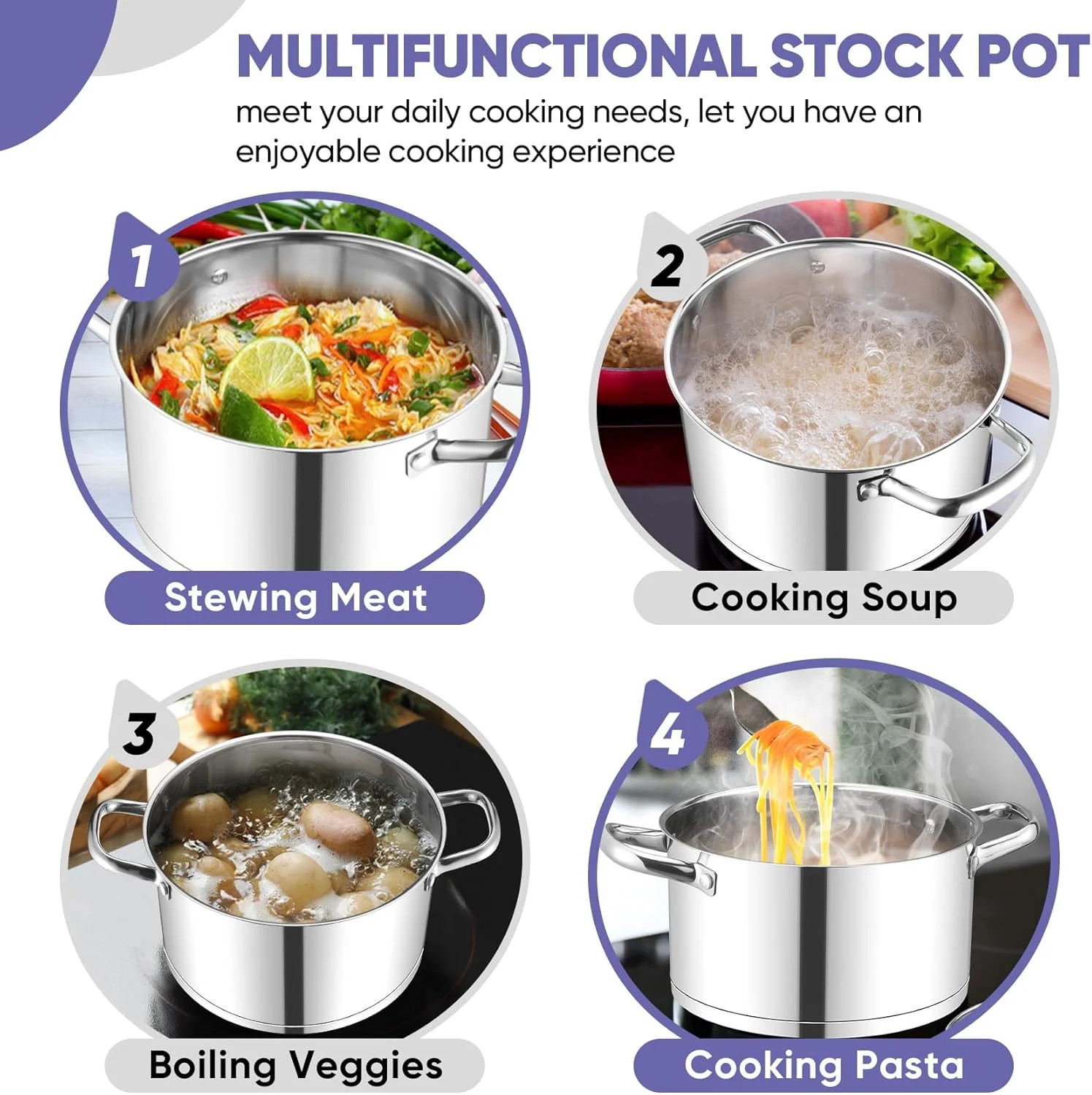 6QT Stainless Steel Stock Pot with Glass Lid Tri Ply Base Heavy Duty Dishwasher