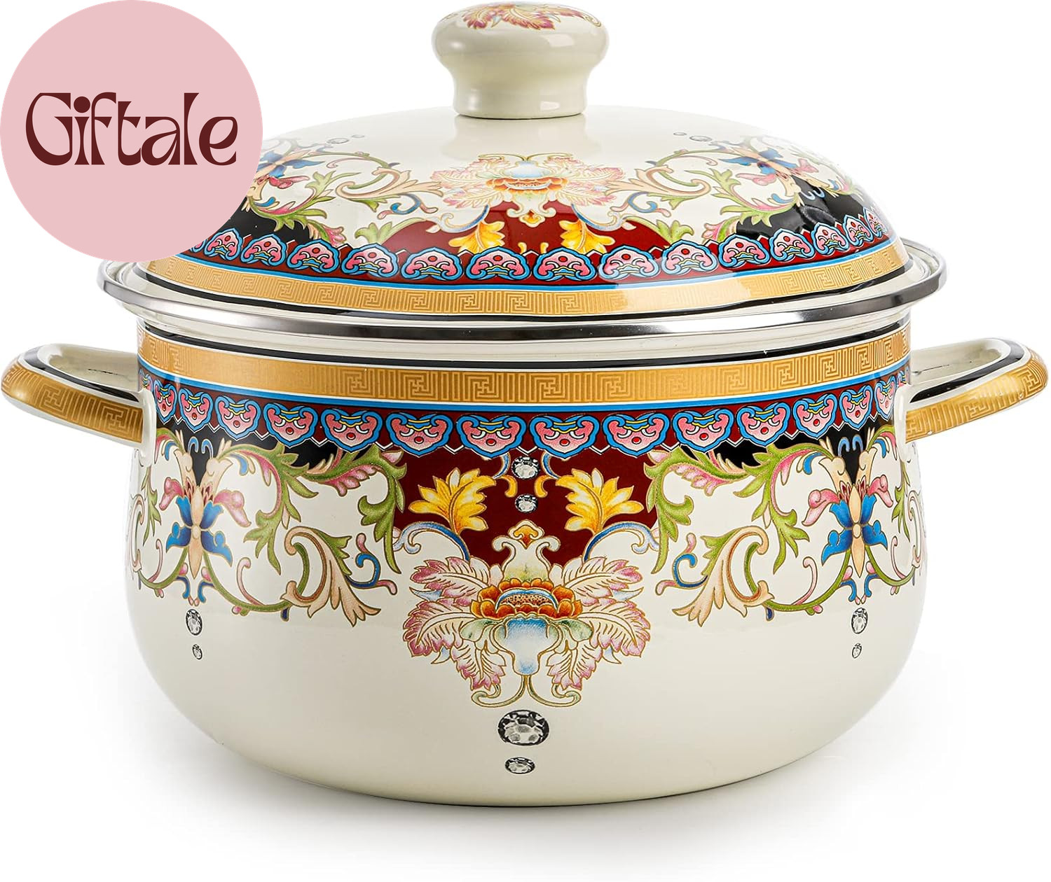 Kitchen Enamel Stockpot with Lid, 4.5 Quart Retro Flower Stew Bean Cooking Pot,