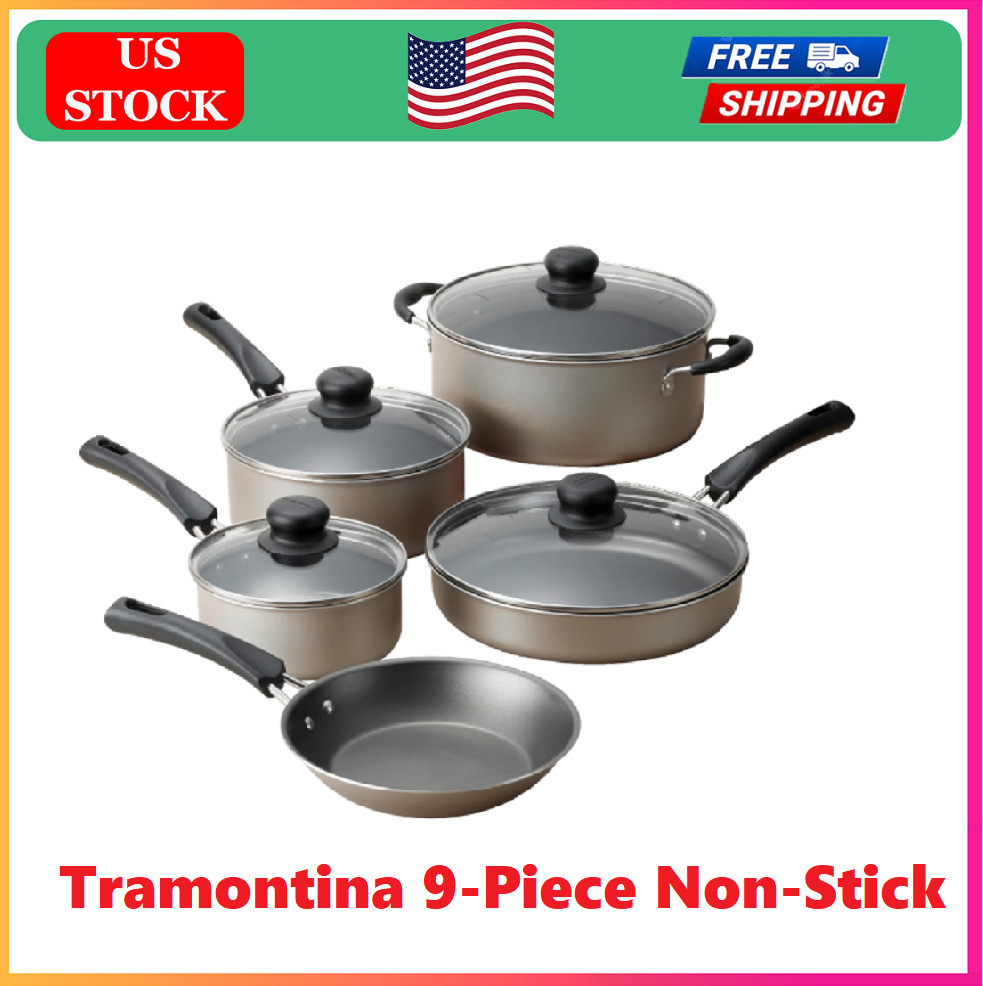 [Free Ship] Tramontina 9-Piece Non-Stick Cookware Set, Champagne