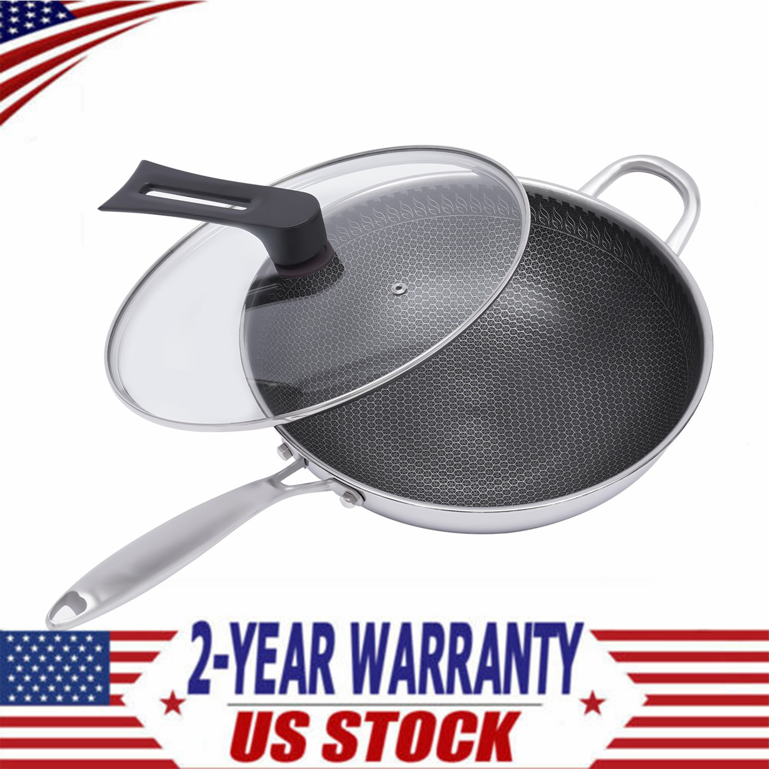 Non Stick Double Sided Honeycomb Cooking Frying Wok Pan with Lid Stainless Steel