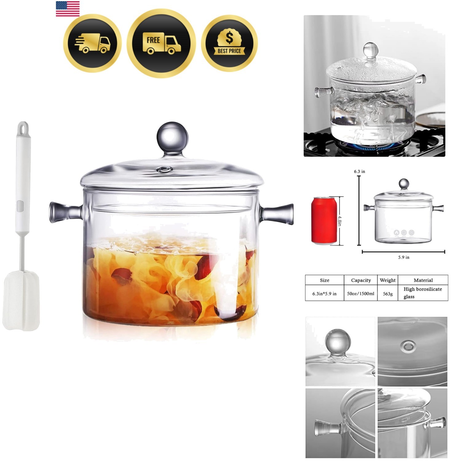 Clear Glass Simmer Pot for Stove Potpourri Cooking Saucepan with Cover Cookwa…