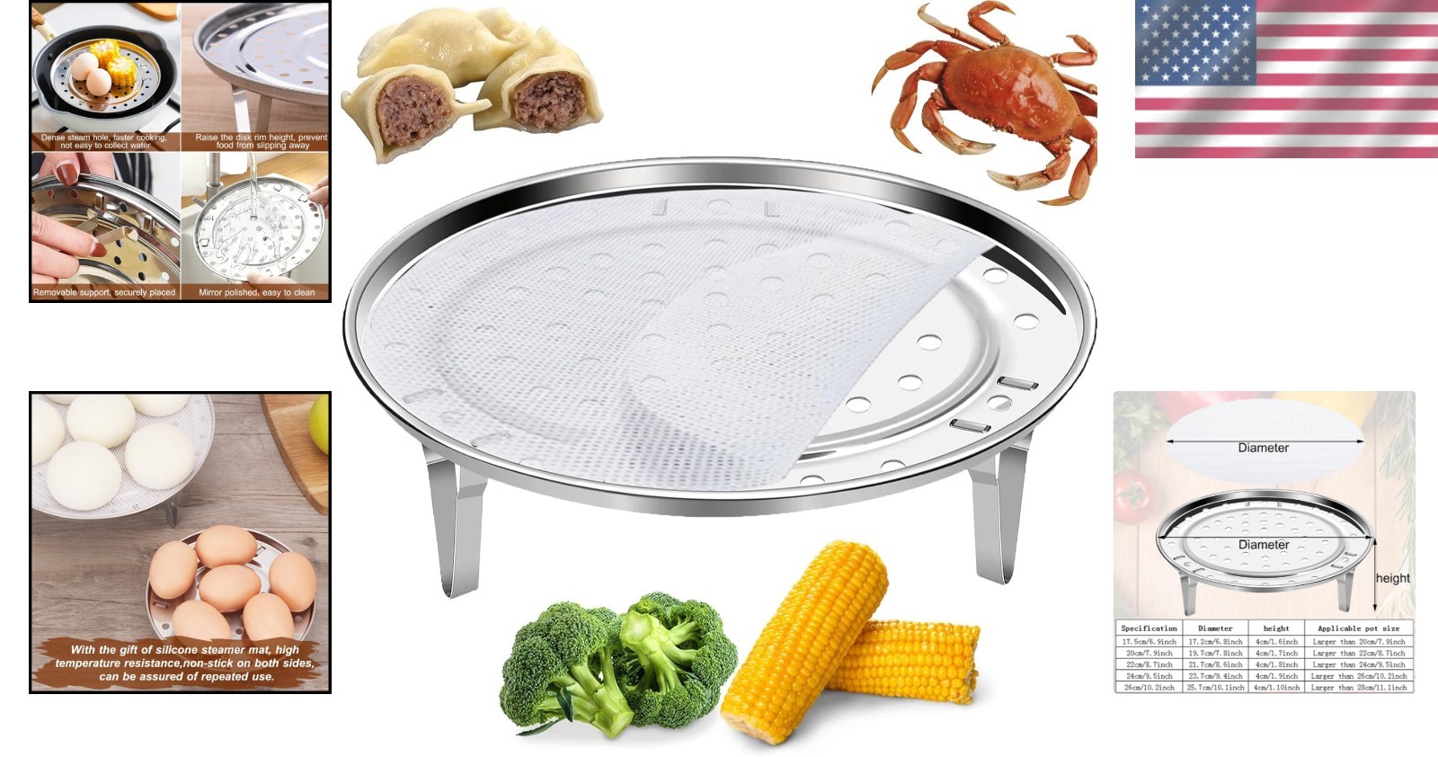 9.5 Inch Stainless Steel Steamer Rack with Non-Stick Liners for Healthy Cooking